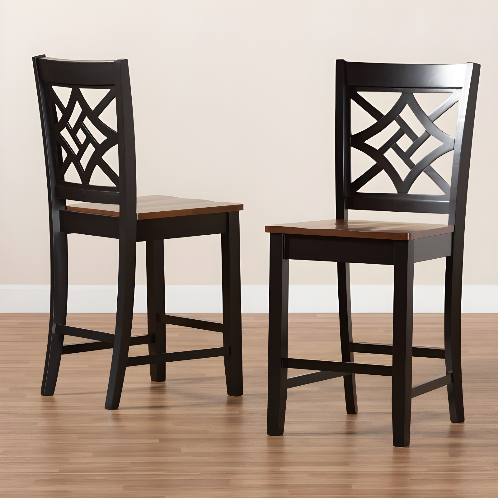 2pc Nicolette Two-Toned Wood Counter Height Barstools Brown/Walnut - Baxton Studio: Elegant Cut-Out Design, Polyester Upholstery