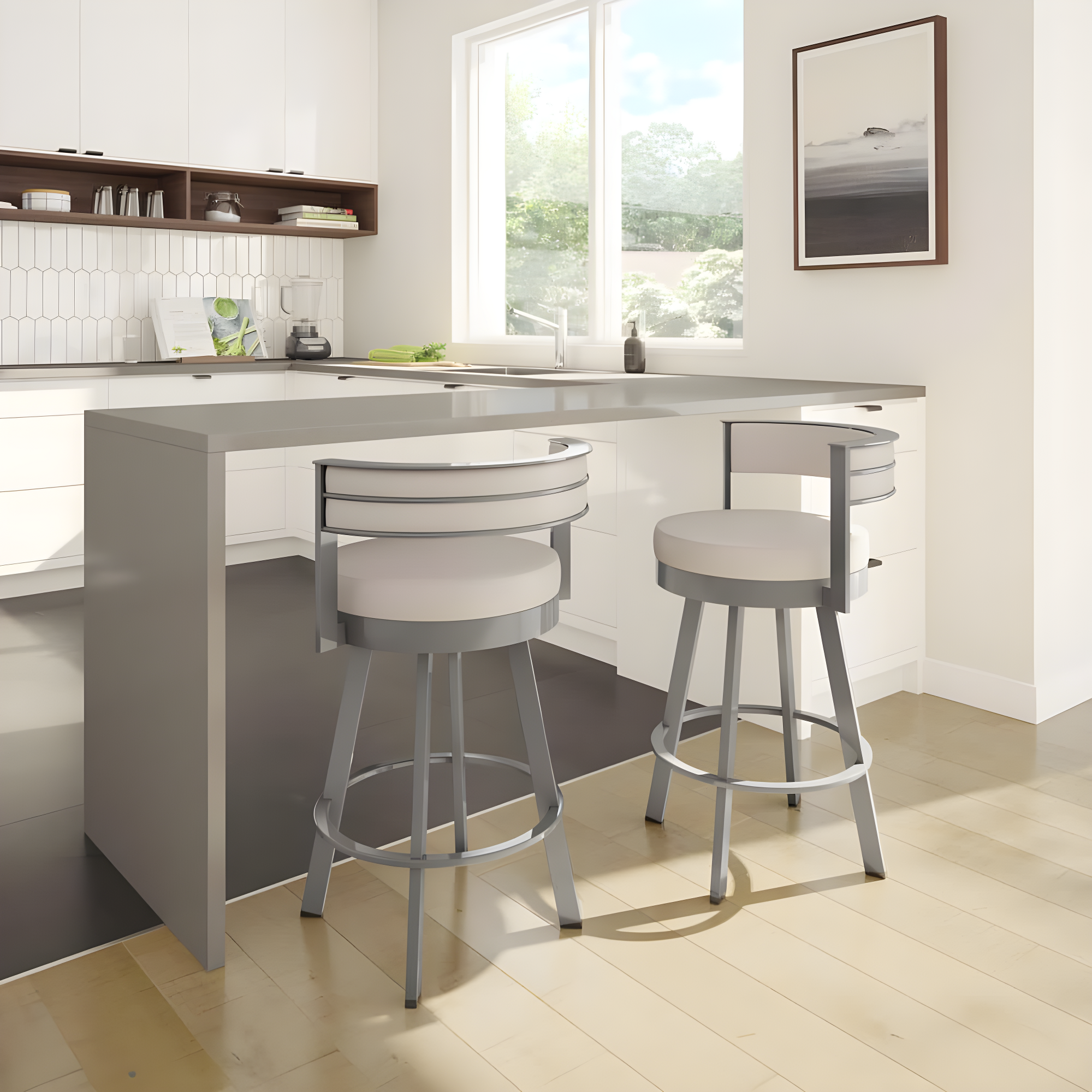 Amisco Browser 26 In. Swivel Counter Stool - Cream Faux Leather / Metallic Grey Metal