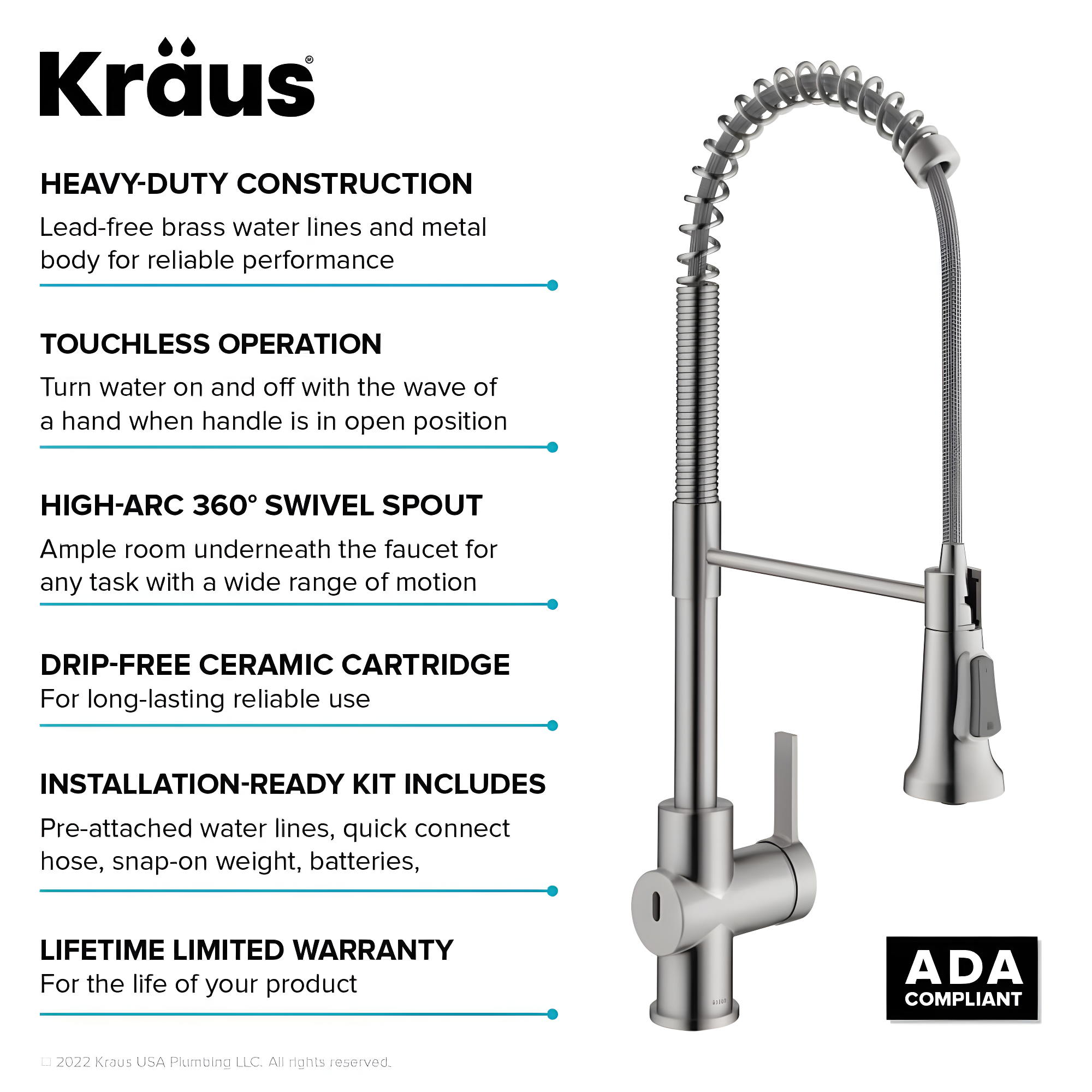 KRAUS Britt Touchless Sensor Commercial Single Handle Pull Down Kitchen Faucet