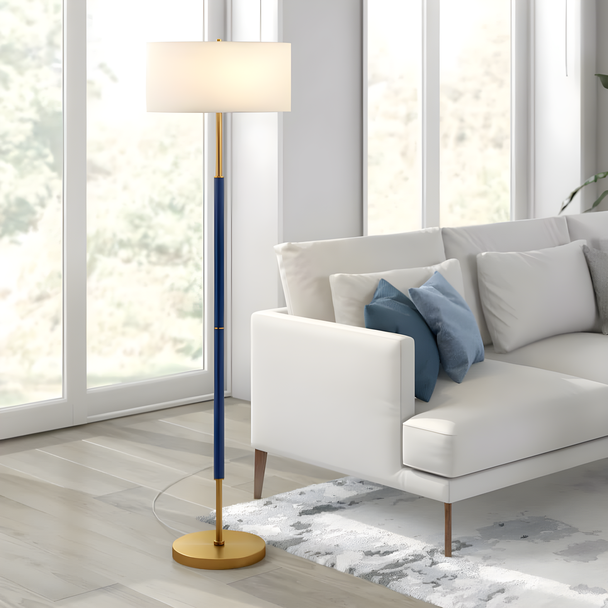 Evelyn&Zoe Simone 2-Light Floor Lamp with Fabric Shade, Blue/Brass/White