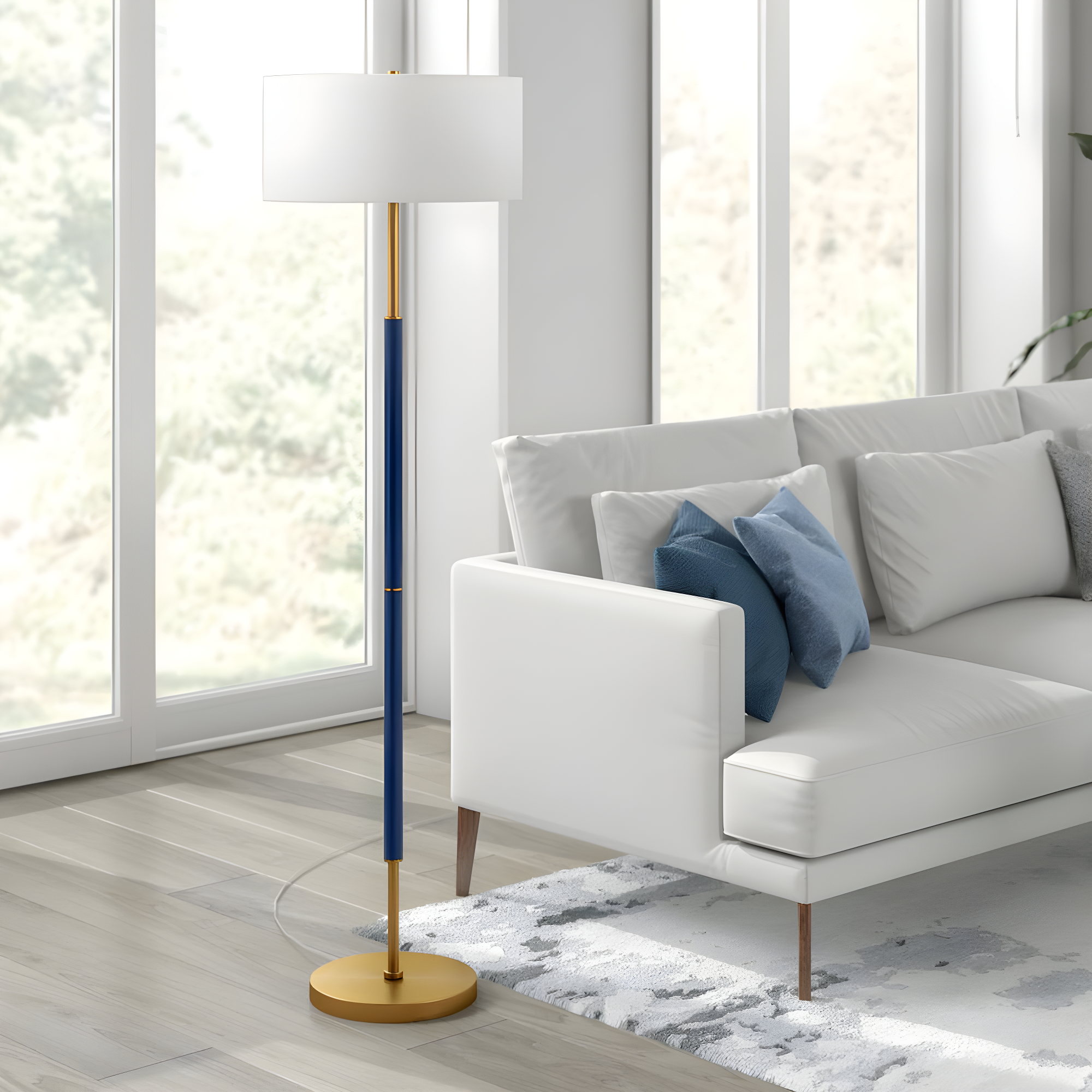 Evelyn&Zoe Simone 2-Light Floor Lamp with Fabric Shade, Blue/Brass/White