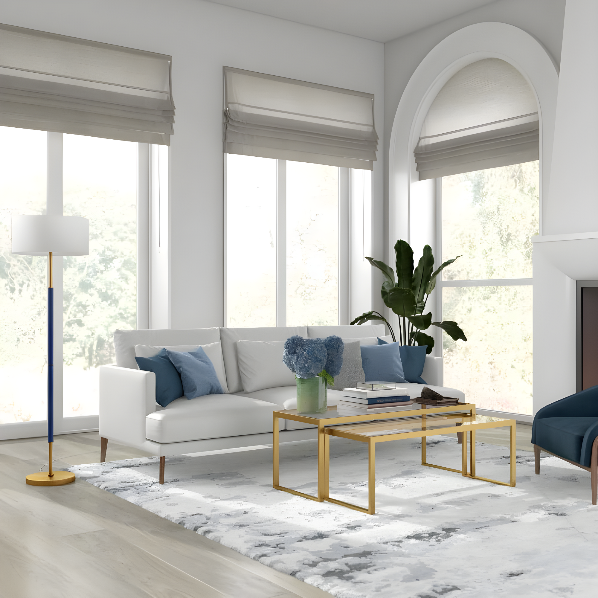 Evelyn&Zoe Simone 2-Light Floor Lamp with Fabric Shade, Blue/Brass/White