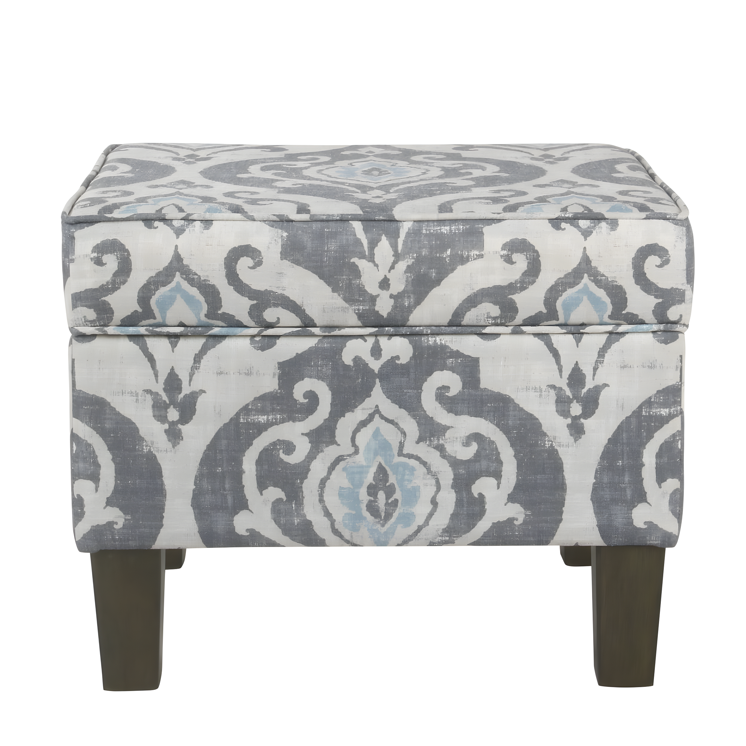 Medium Storage Ottoman Gray/Blue - HomePop: Upholstered Rectangular Footstool with Damask Pattern, Plywood & Hardwood Frame