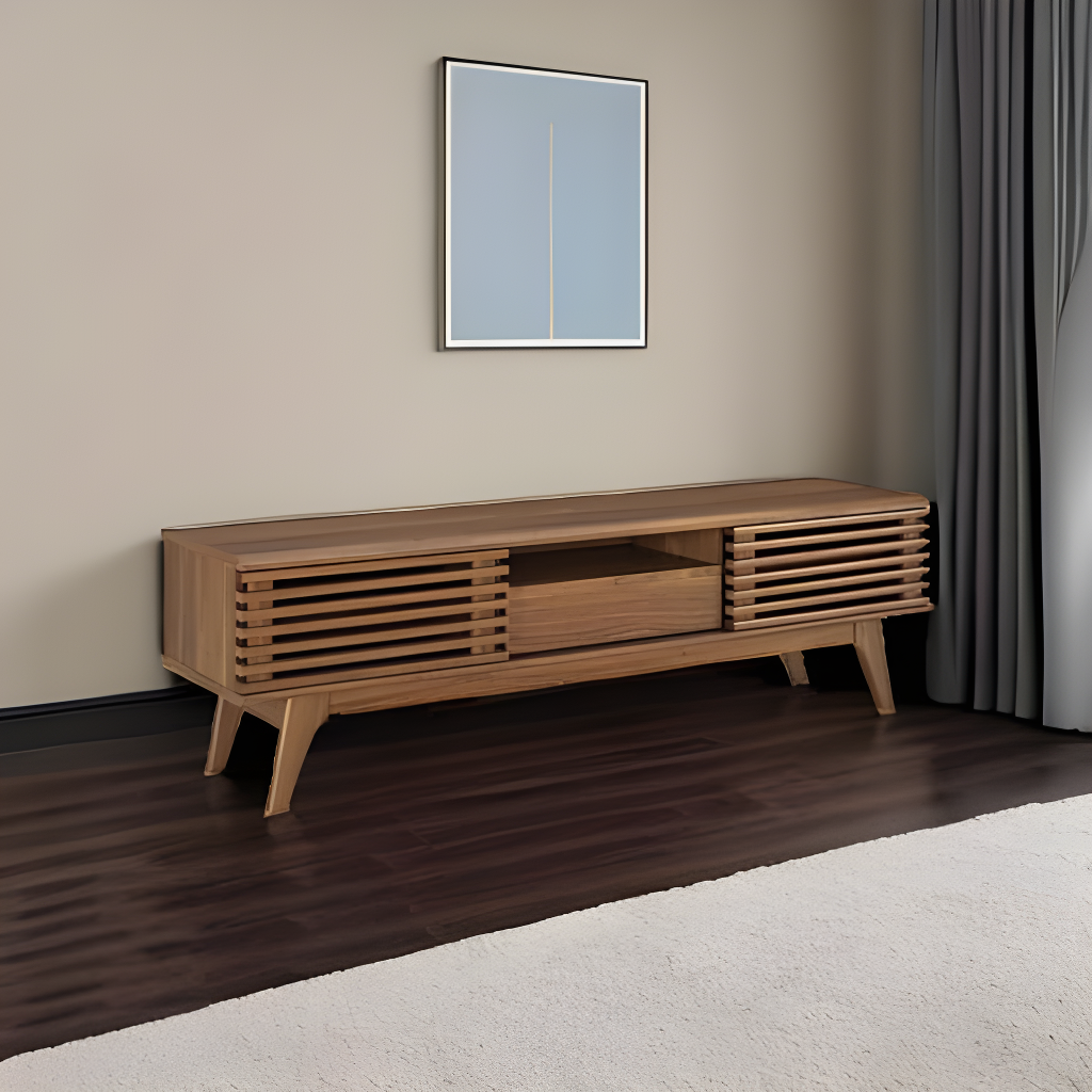 Render TV Stand for TVs up to 59" Walnut - Modway: Mid-Century Media Storage, Sliding Doors
