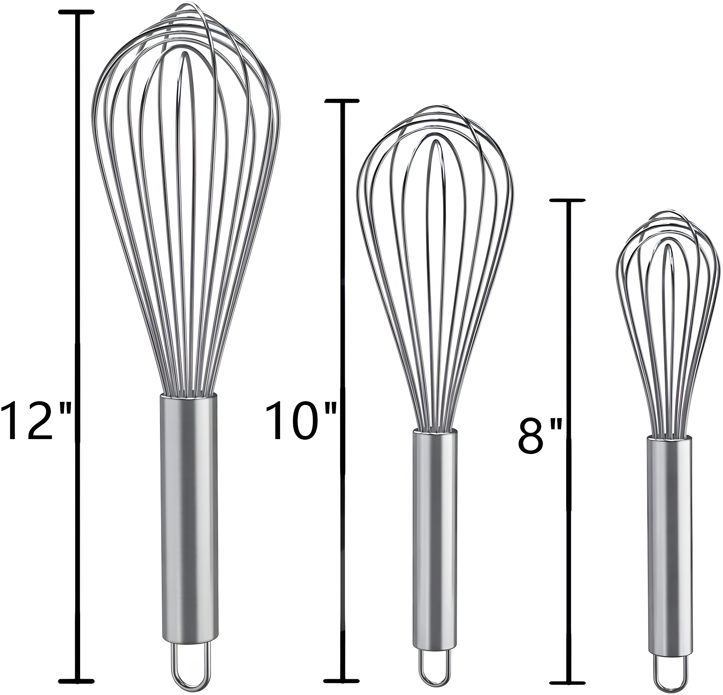 3Pcs 304 Stainless Steel Whisk Set, Professional Balloon Whisks for Kitchen Cooking, Perfect For Blending, Whisking, Baking, Beating, (8" +10"+ 12")
