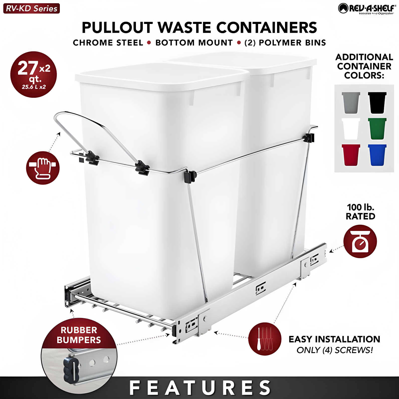 Rev-A-Shelf Double Sliding Pull-Out Waste Bin Containers