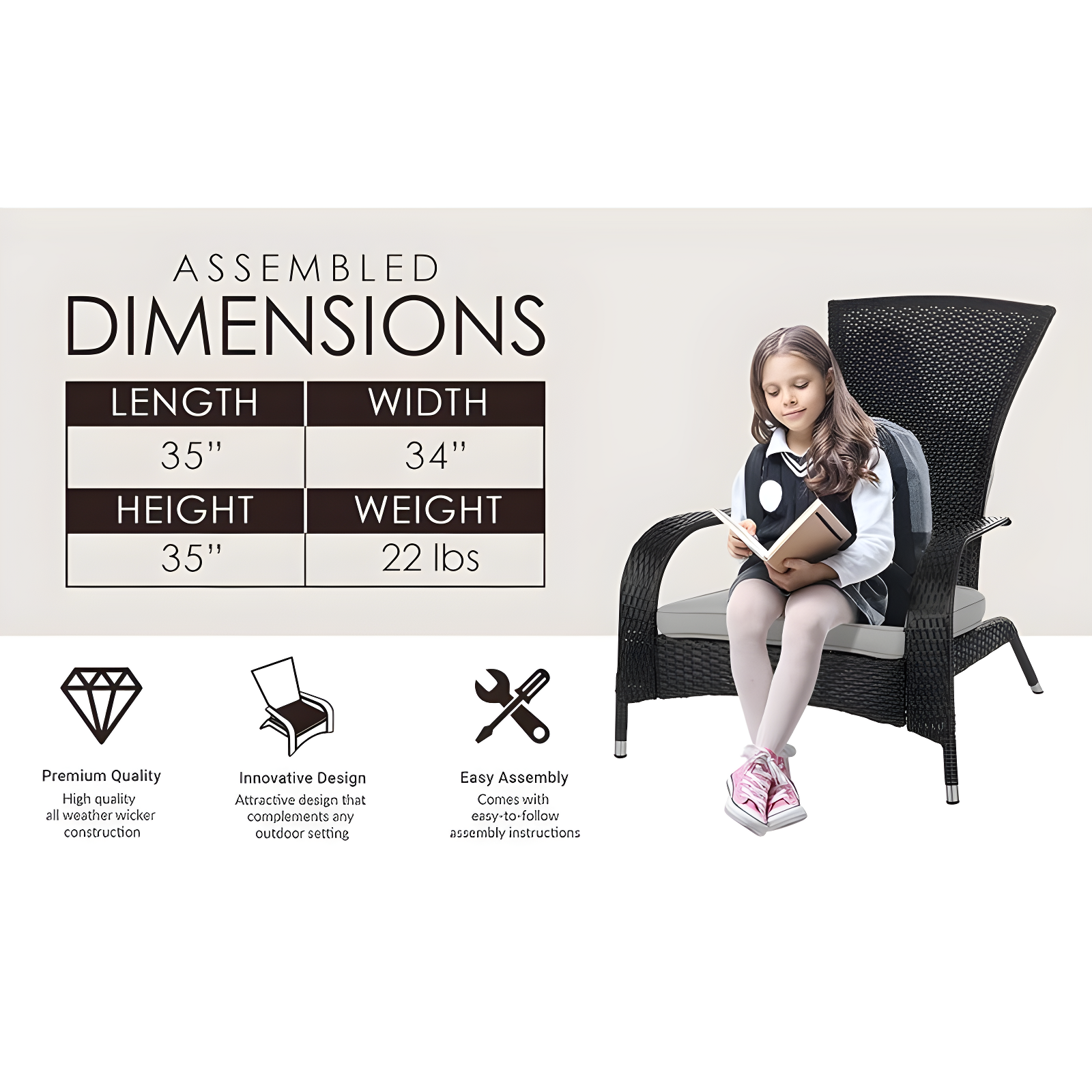 PatioSense Patio Sense Coconino Wicker Chair All Weather Adirondack Style Chair Grey Outdoor Cushion Included - Black