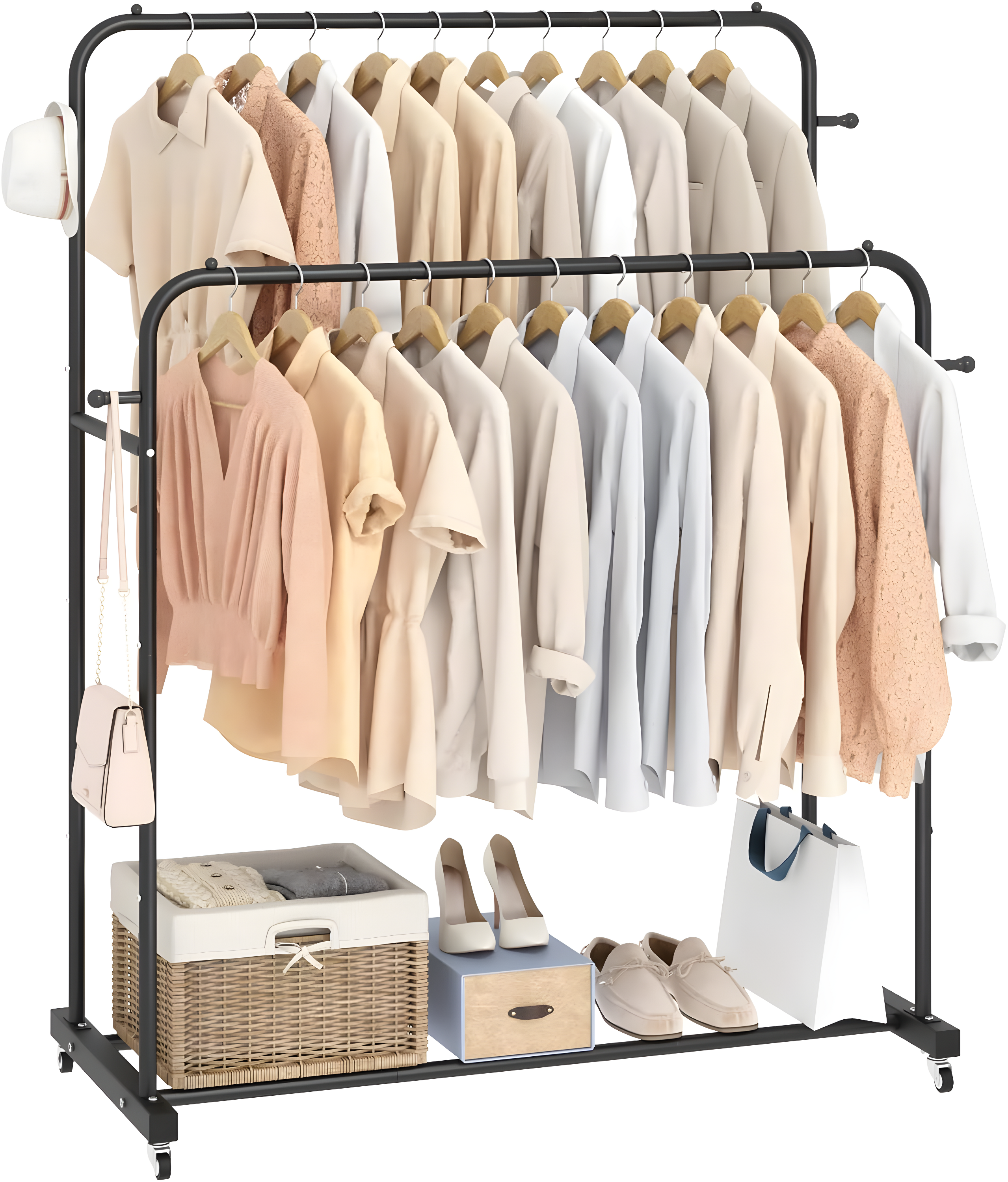 Laiensia Double Rods Garment Rack with Wheels, Clothing Rack for Hanging Clothes,4 Hooks, Multi-functional Bedroom Clothes Rack, Black