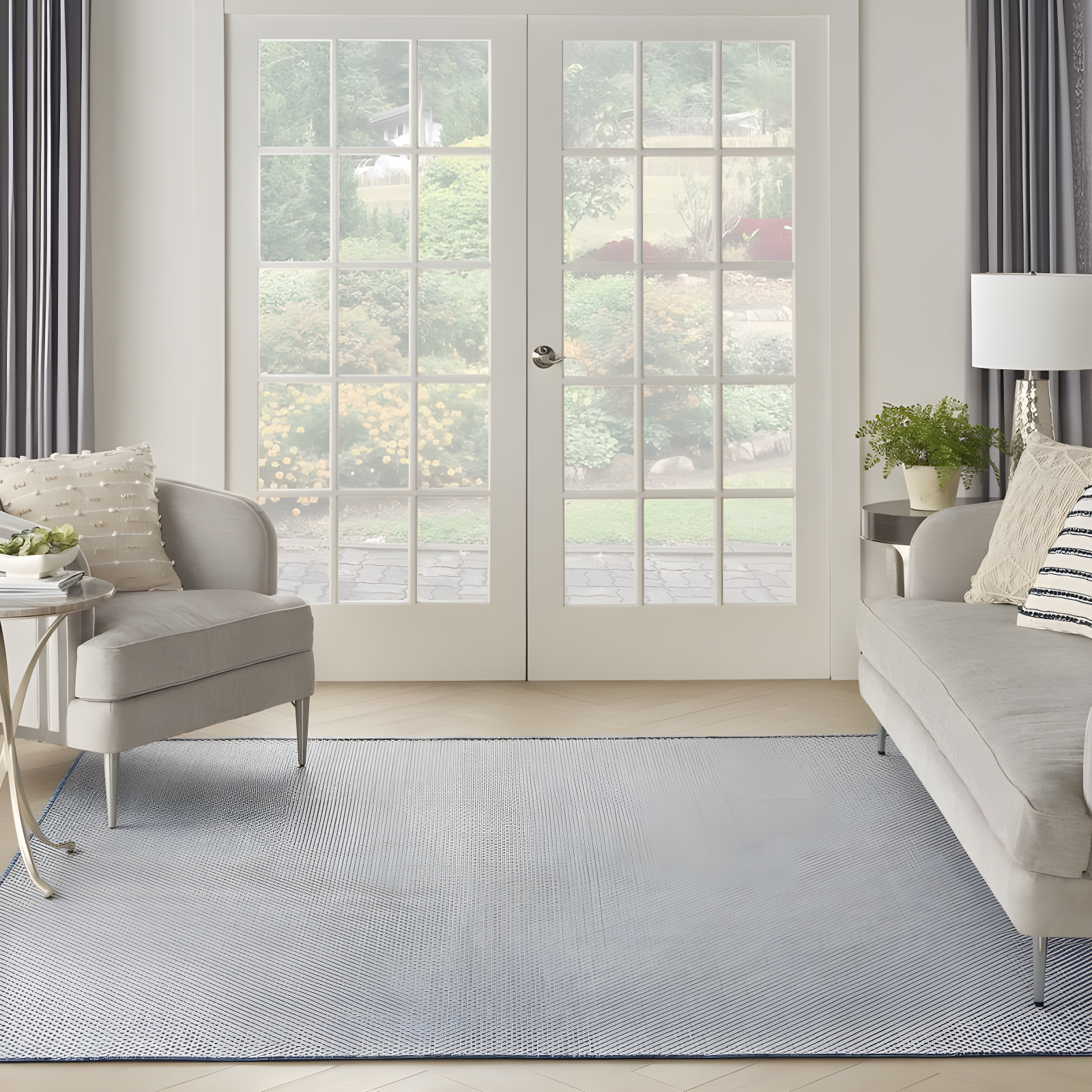 Nourison 6' x 6' Courtyard Modern Easy Care Flatweave Indoor Outdoor Square Rug Ivory Blue
