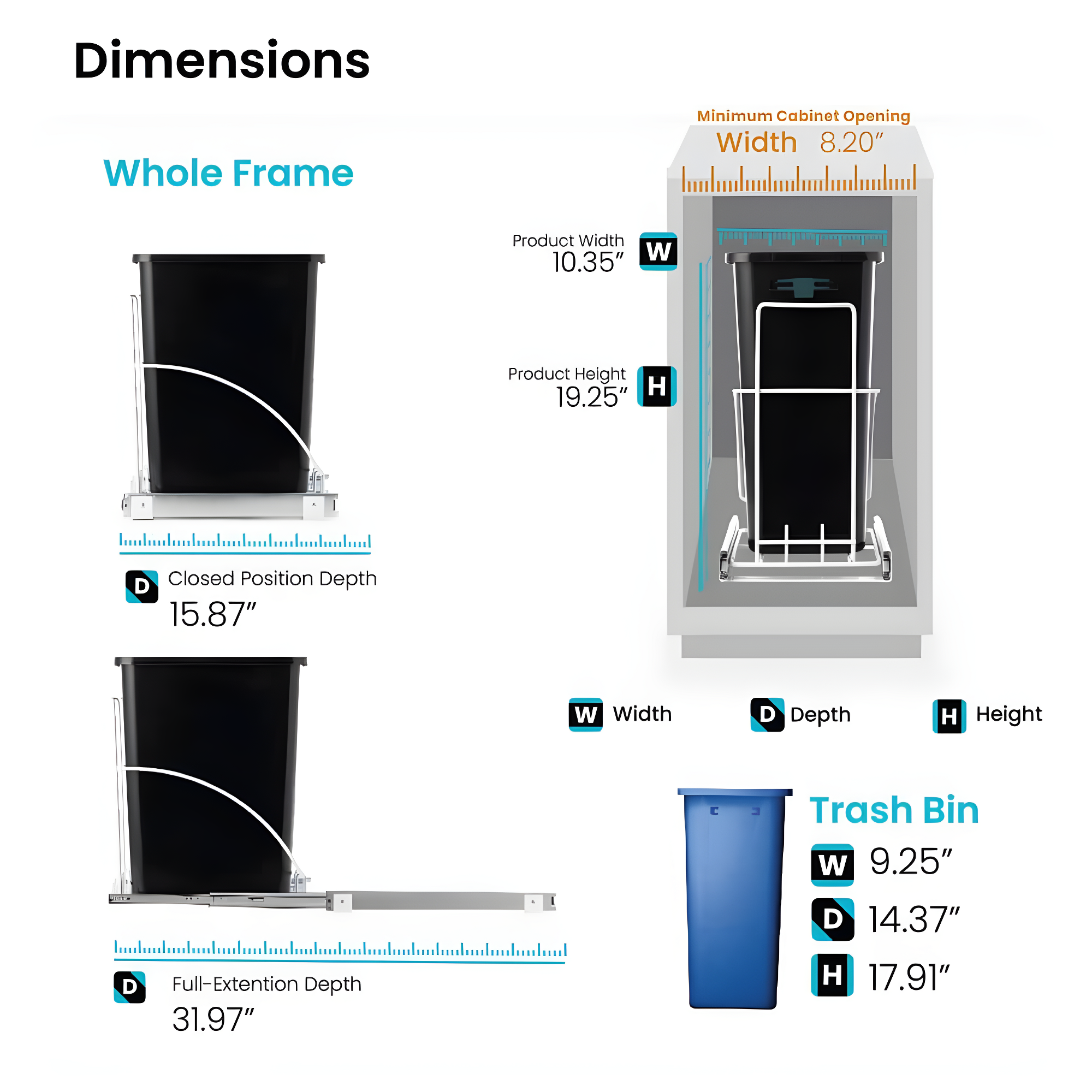 Home Zone Living 7.6 Gallon Under Cabinet Open Pull Out Trash Can, Adjustable Slide Out Waste Bin