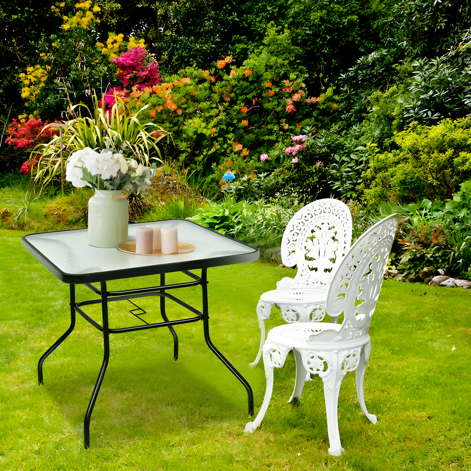 Lark Manor™ Aliyahna 32'' Patio Square Table Tempered Glass Steel Frame Outdoor Pool Yard Garden