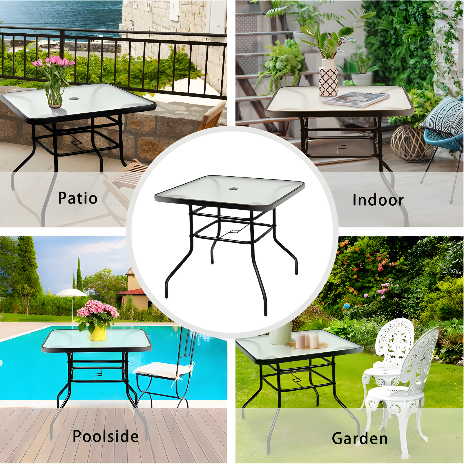 Lark Manor™ Aliyahna 32'' Patio Square Table Tempered Glass Steel Frame Outdoor Pool Yard Garden