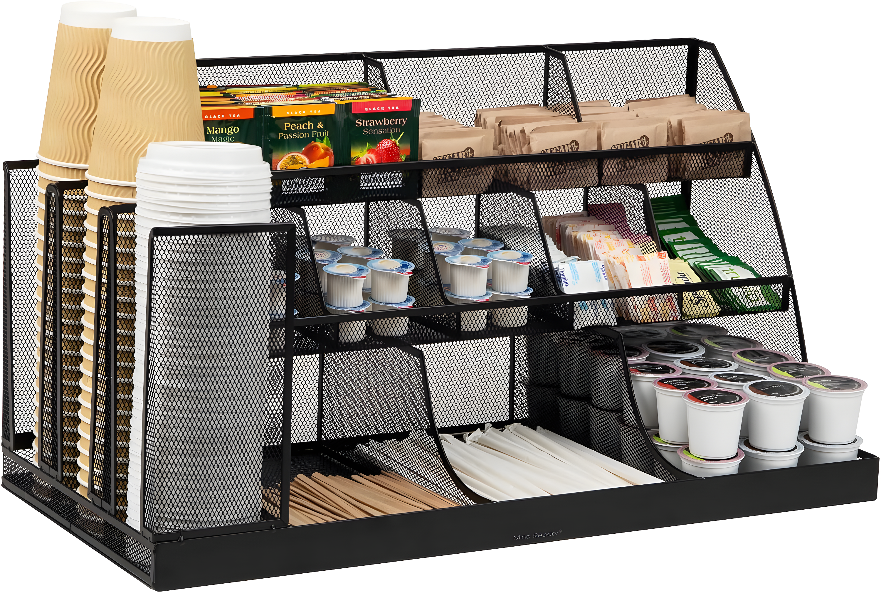 Mind Reader Cup and Condiment Station, Countertop Org, Coffee Bar, Kitchen, Metal Mesh, 23.75"L x 11.5"W x 12.5"H