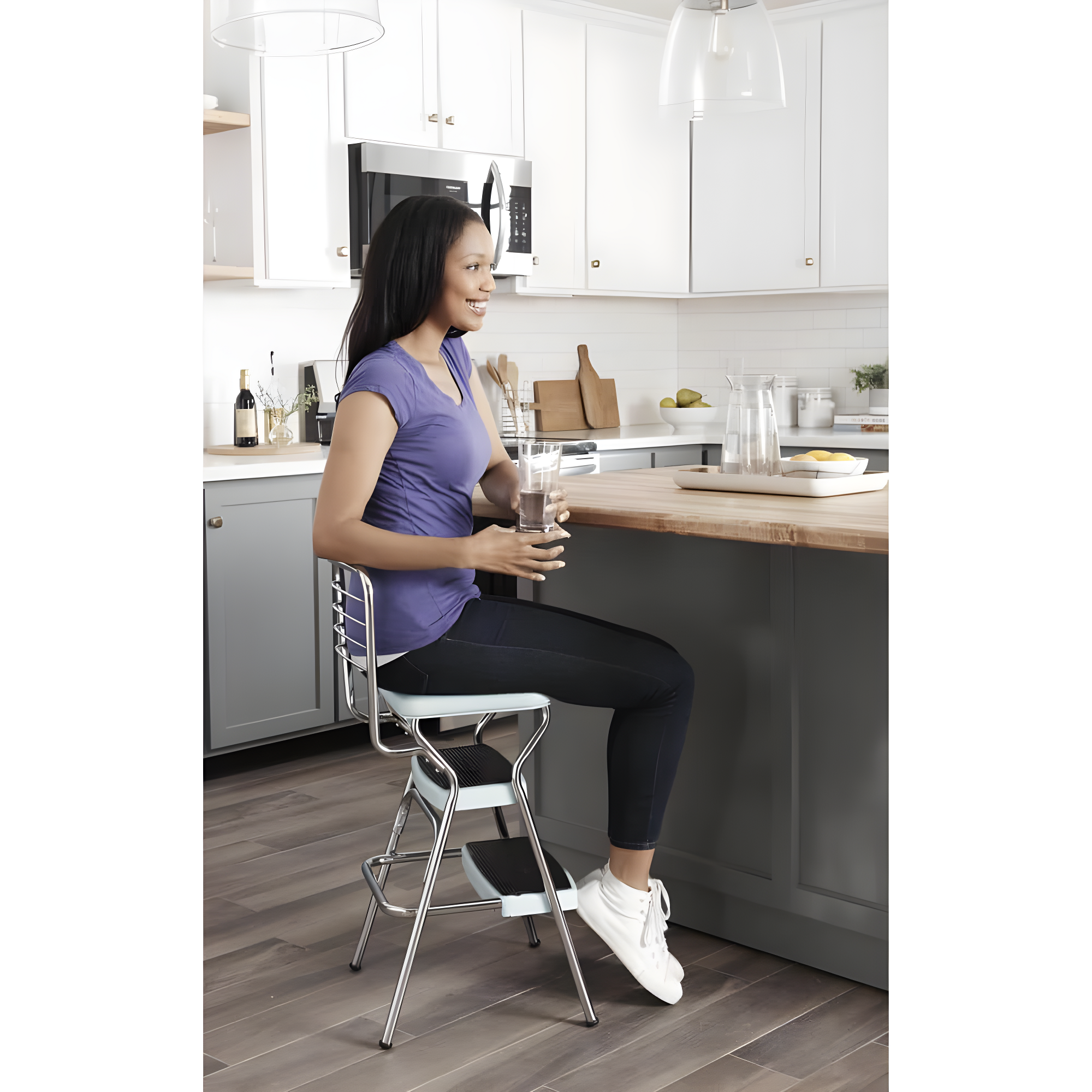 Stylaire Steel Retro Chair + Step Stool with Flip-Up Vinyl Seat