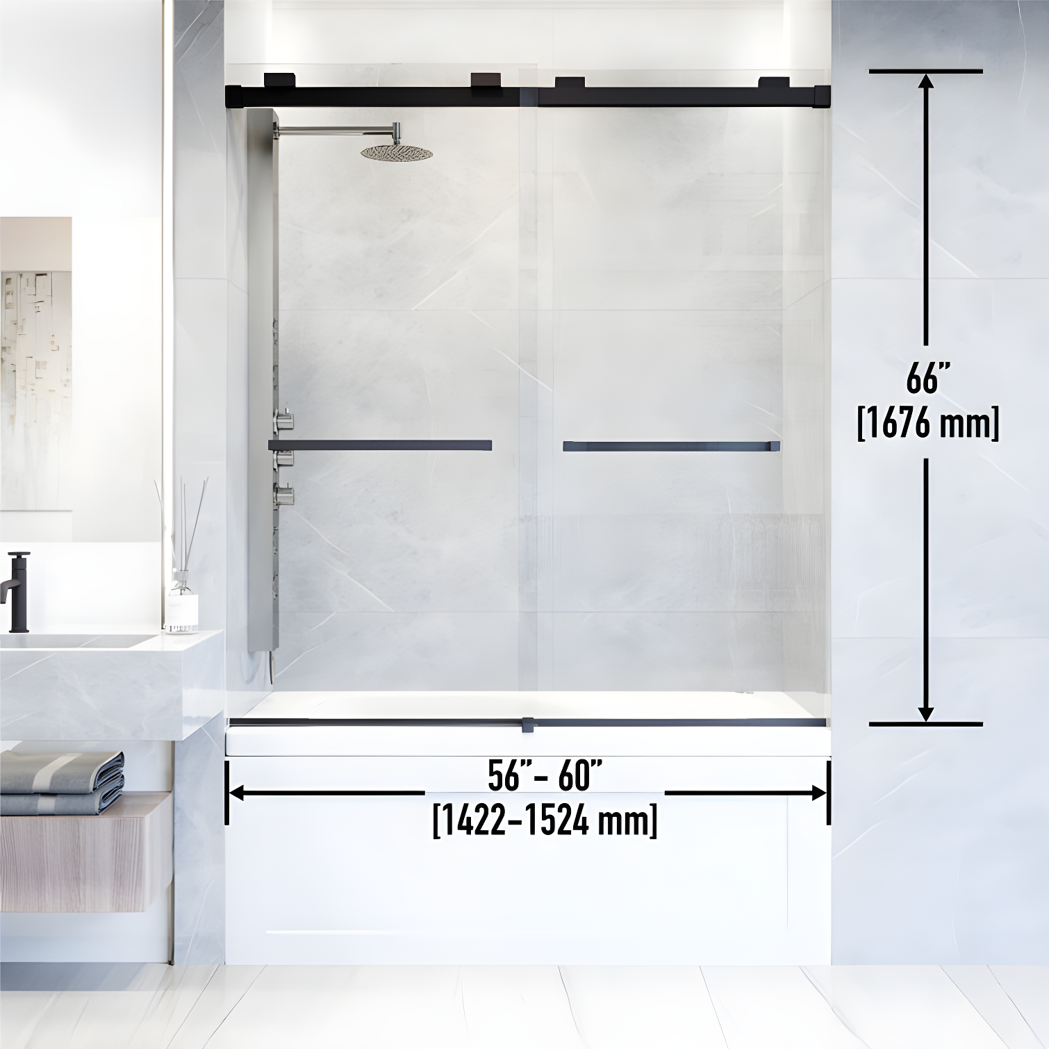 Houston 56-60" W x 66" H Double Sliding Frameless Tub Door with 3/8" Clear Glass