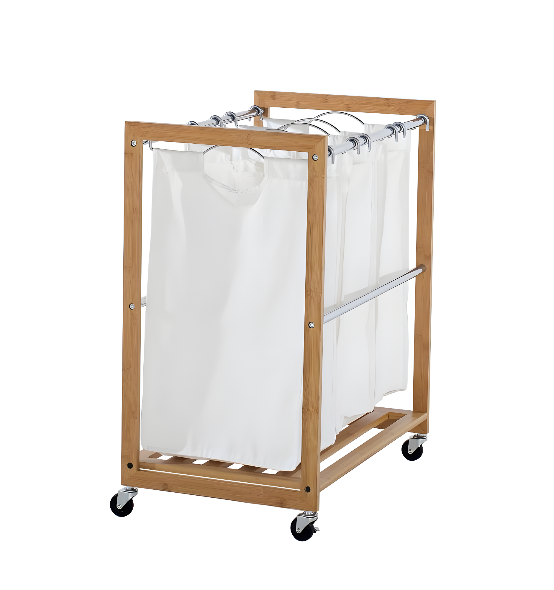 TRINITY EcoStorage 3-Bag Rolling Bamboo Laundry Cart w/ Poles