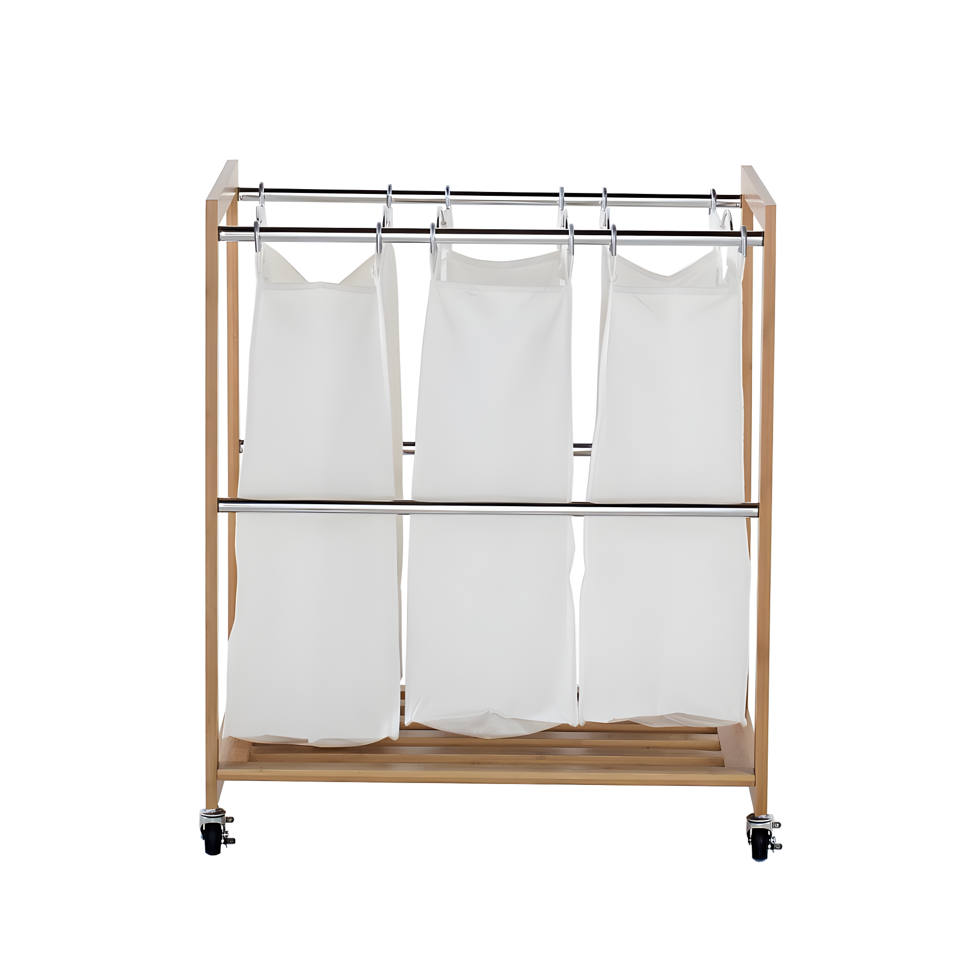 TRINITY EcoStorage 3-Bag Rolling Bamboo Laundry Cart w/ Poles