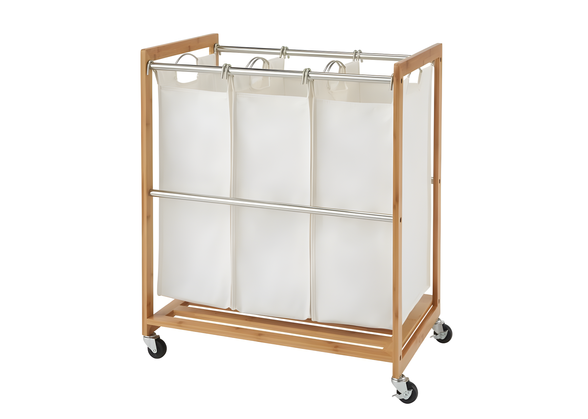 TRINITY EcoStorage 3-Bag Rolling Bamboo Laundry Cart w/ Poles