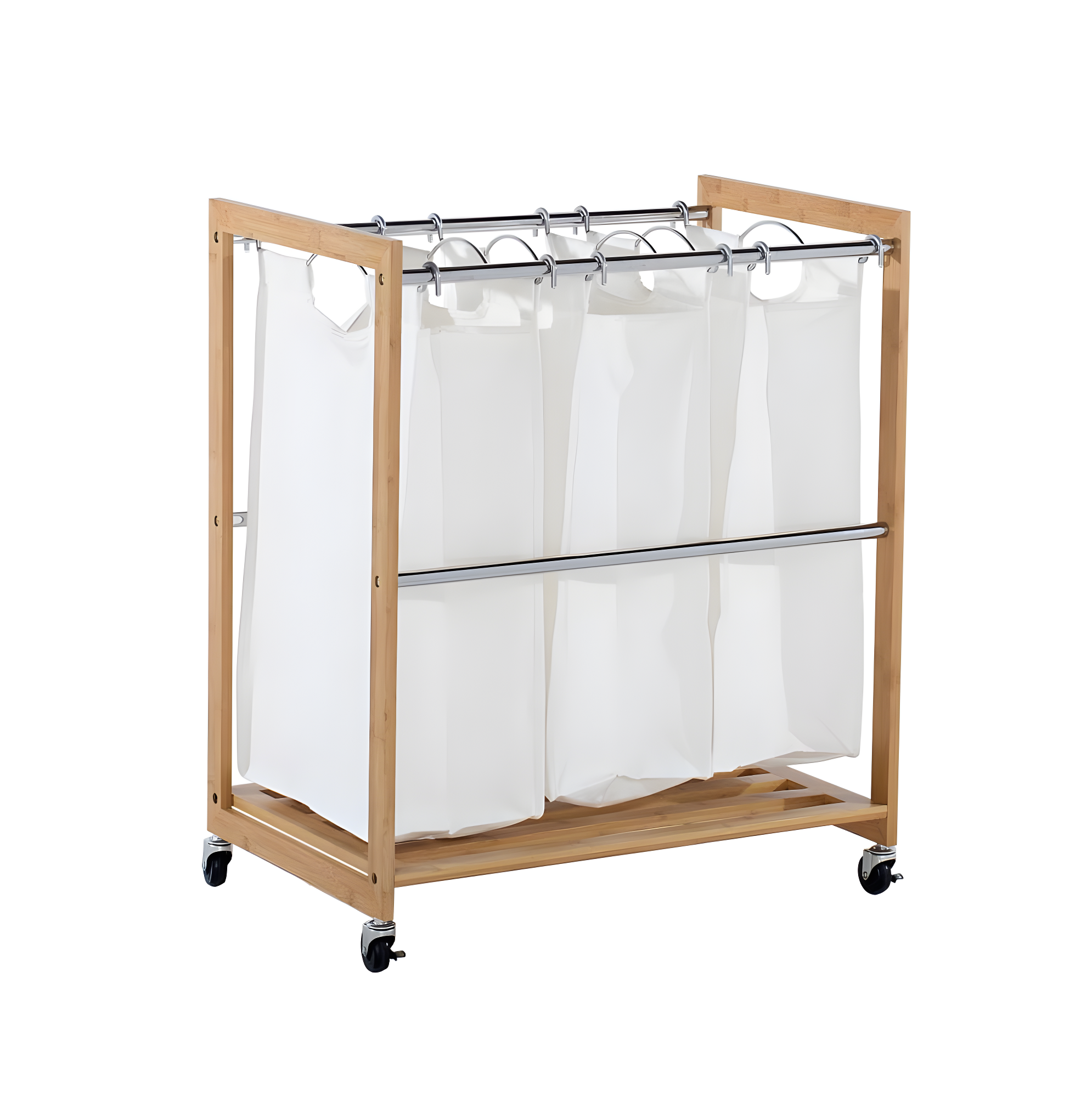TRINITY EcoStorage 3-Bag Rolling Bamboo Laundry Cart w/ Poles