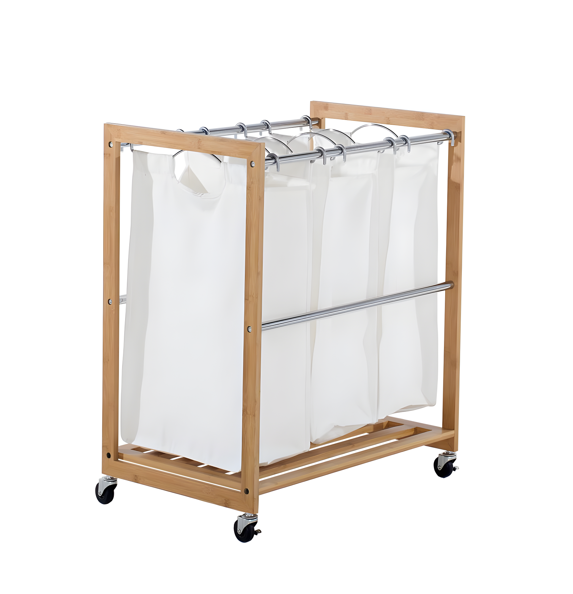 TRINITY EcoStorage 3-Bag Rolling Bamboo Laundry Cart w/ Poles