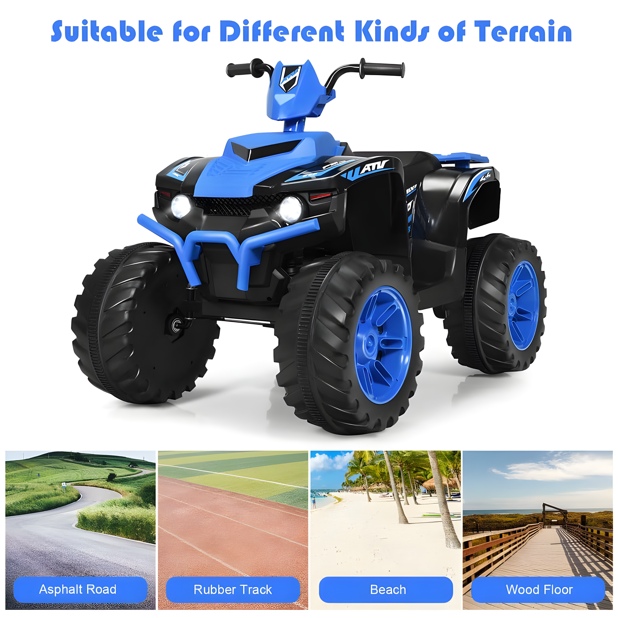 Costzon Kids ATV, 12V Battery Powered Electric Vehicle w/LED Lights, High & Low Speed, Horn, Music, USB, Treaded Tires, Ride on Car 4 Wheeler Quad for Boys & Girls Gift, Ride on ATV (Blue)