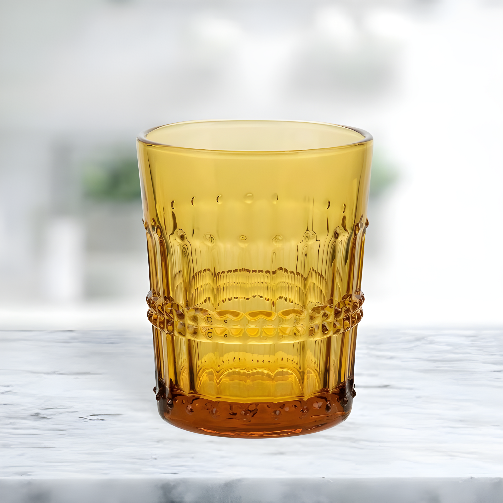 American Atelier Vintage Old Fashion 10 oz. Whiskey Glasses, Romantic Water Tumblers, Barware Glasses for Cocktails, Embossed Beaded, Set of 4, Amber