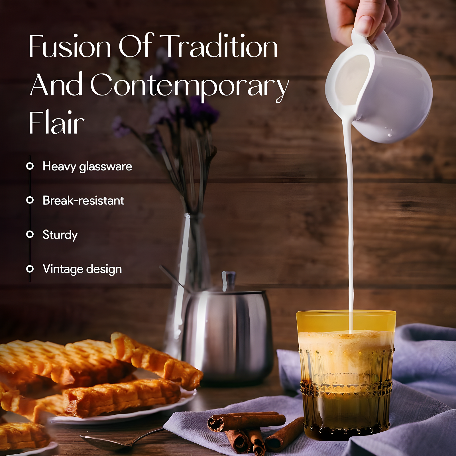 American Atelier Vintage Old Fashion 10 oz. Whiskey Glasses, Romantic Water Tumblers, Barware Glasses for Cocktails, Embossed Beaded, Set of 4, Amber