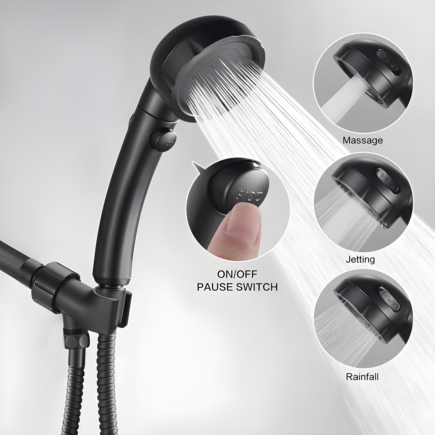 High Pressure Handheld Shower Head with ON/OFF Pause Switch, 3 Spray Modes Shower Head