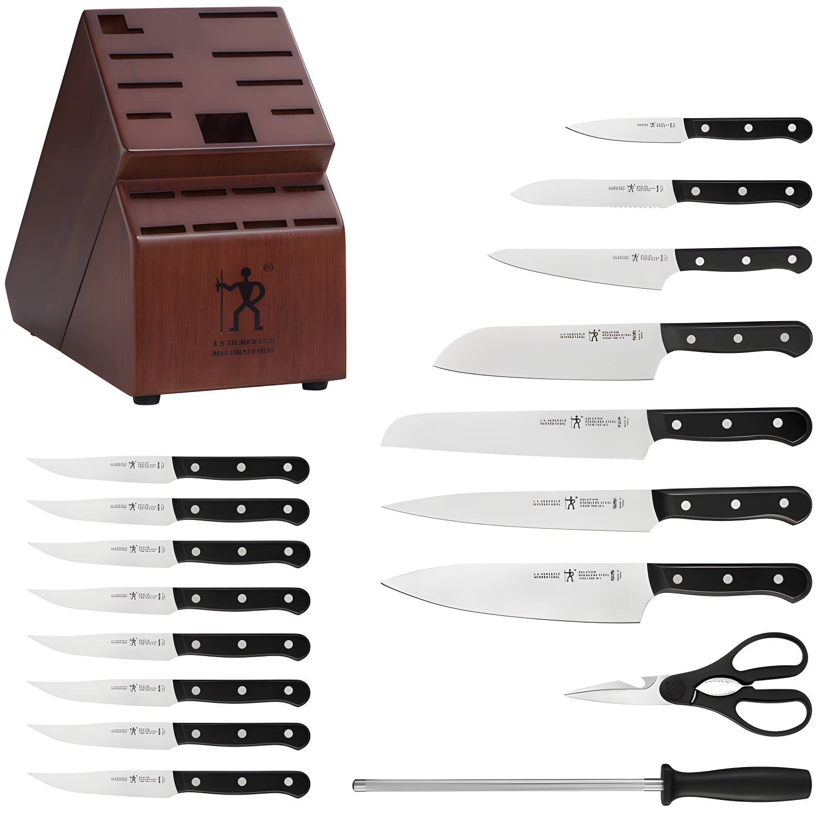 HENCKELS HENCKELS Razor-Sharp Solution 18-Piece Knife Set with Block, Chef Knife, Steak Knife, Utility Knife, Dark Brown, Stainless Steel, German Engineered Informed by 100+ Years of Mastery