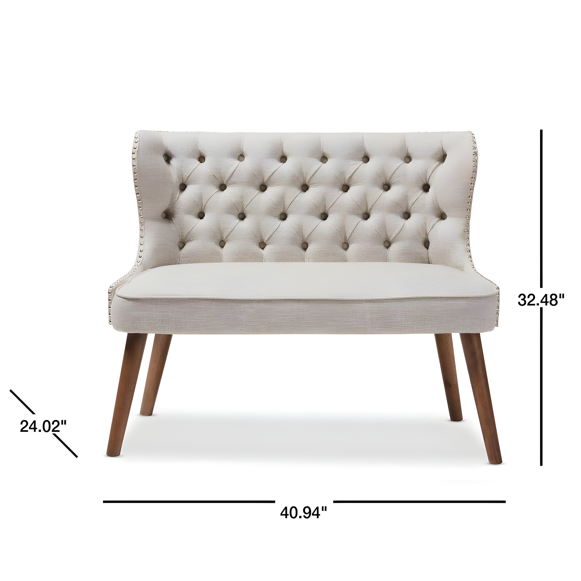 Baxton Studio Scarlett Mid-Century Modern Brown Wood and Light Beige Fabric Upholstered Button-Tufting with Nail Heads Trim 2-Seater Loveseat Settee