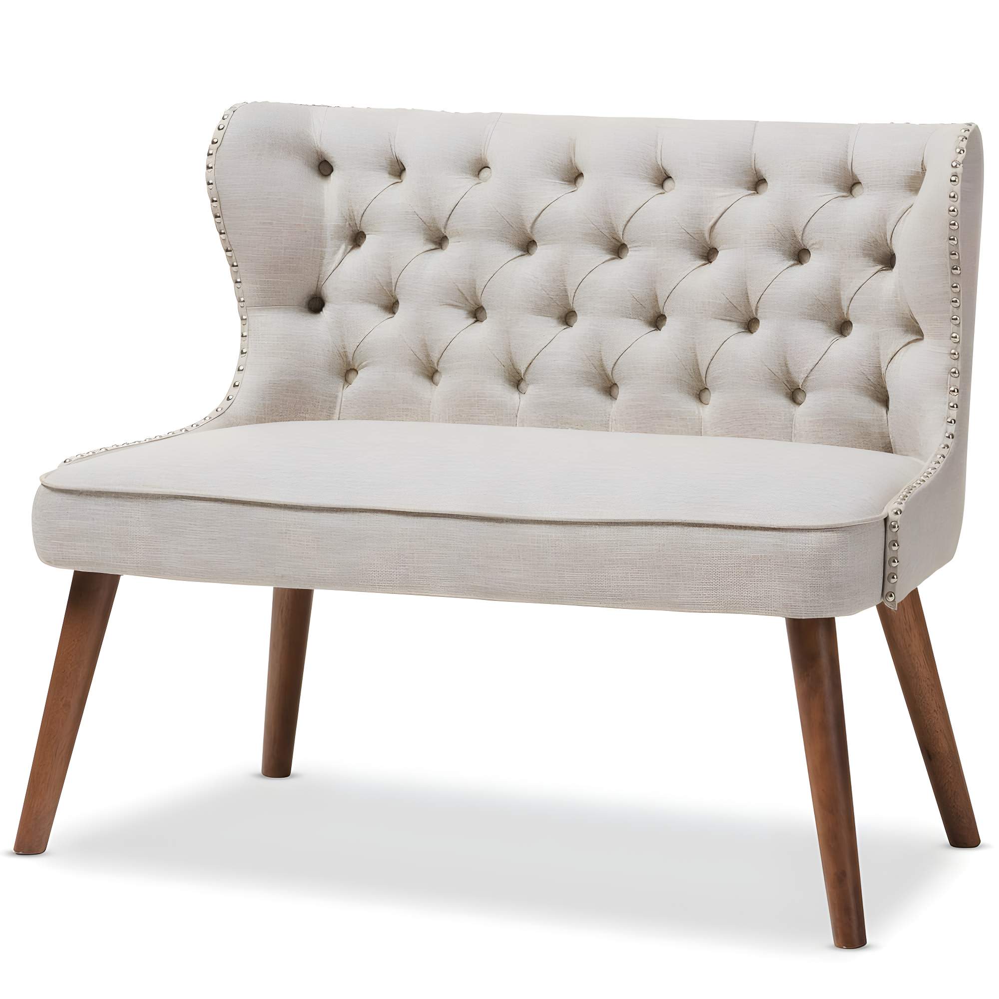 Baxton Studio Scarlett Mid-Century Modern Brown Wood and Light Beige Fabric Upholstered Button-Tufting with Nail Heads Trim 2-Seater Loveseat Settee