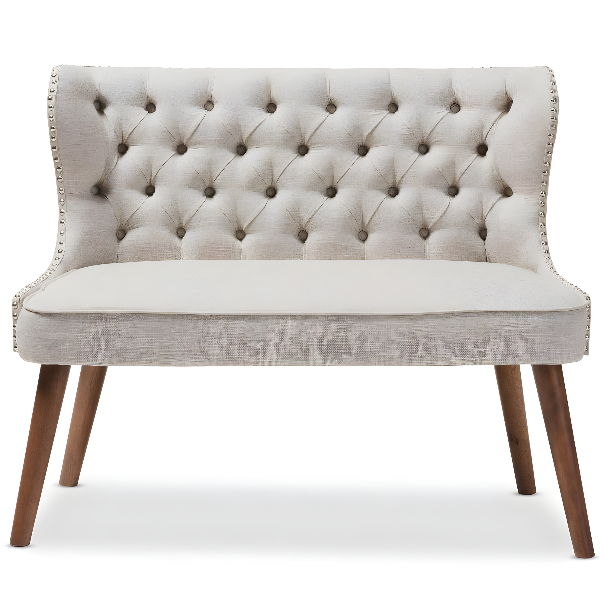 Baxton Studio Scarlett Mid-Century Modern Brown Wood and Light Beige Fabric Upholstered Button-Tufting with Nail Heads Trim 2-Seater Loveseat Settee