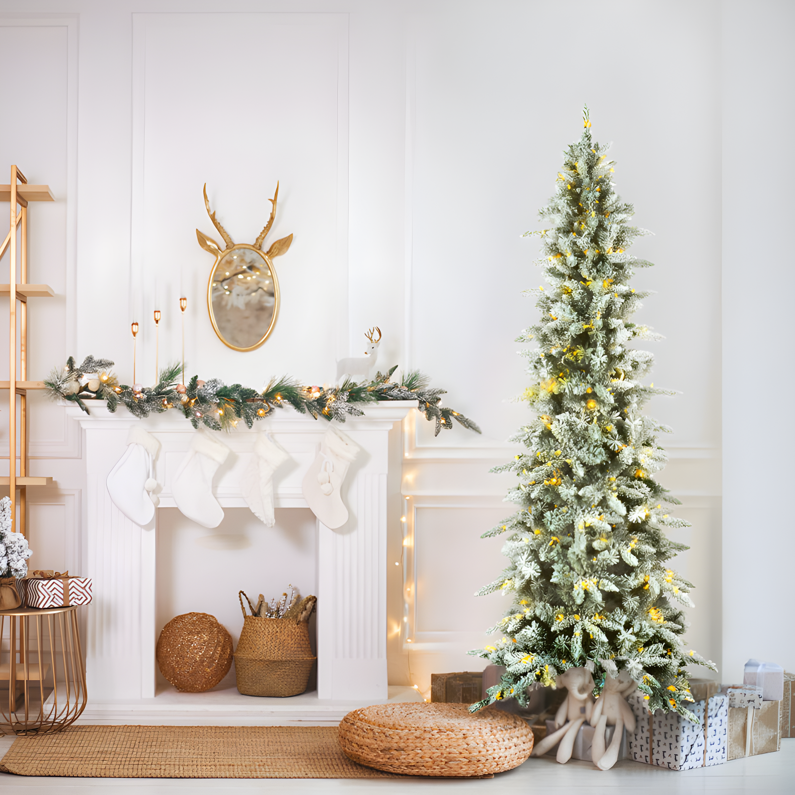 Slender Flocked Pine Christmas Tree with LED Lights