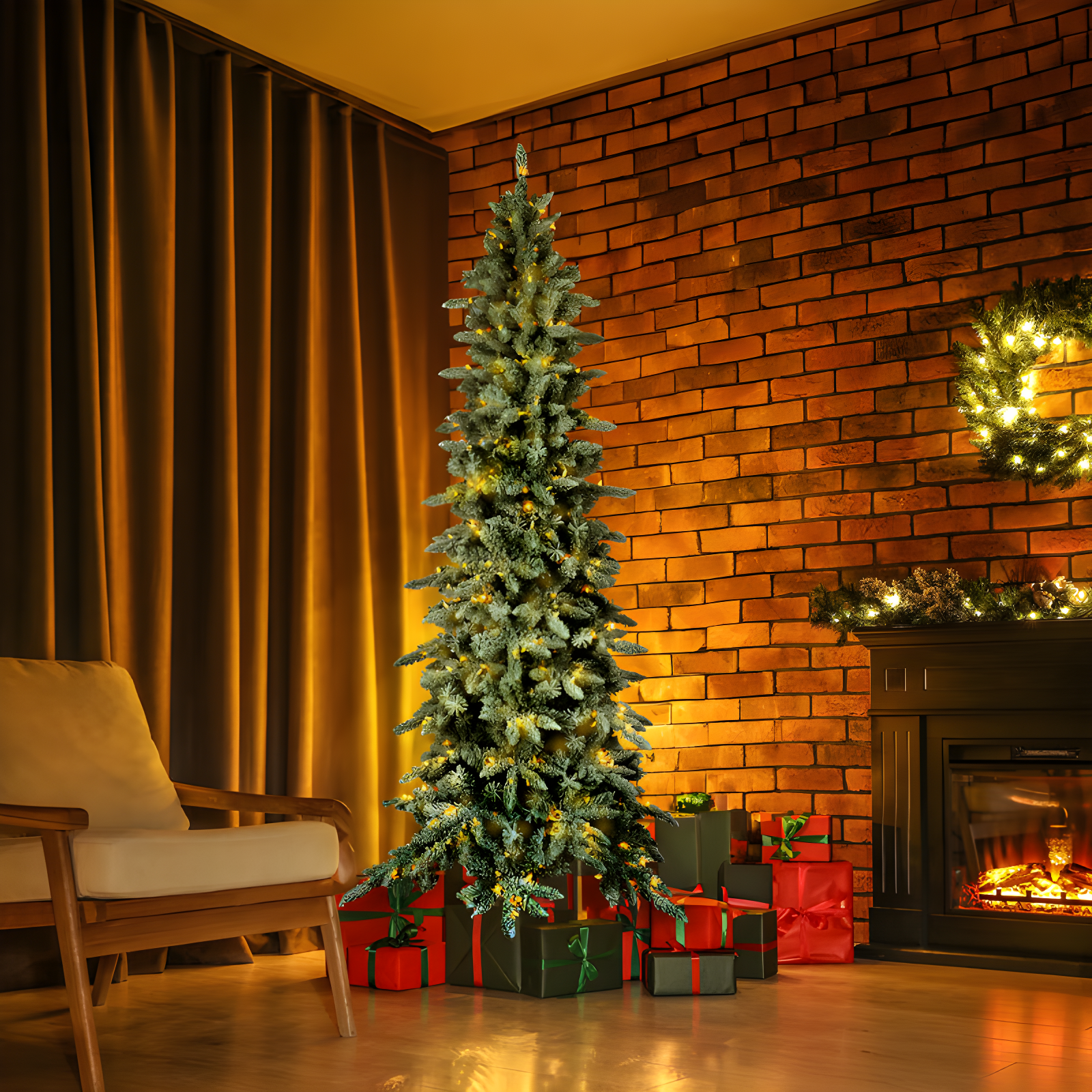 Slender Flocked Pine Christmas Tree with LED Lights