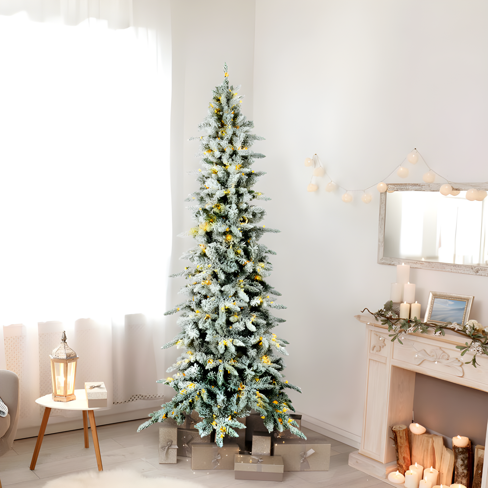 Slender Flocked Pine Christmas Tree with LED Lights