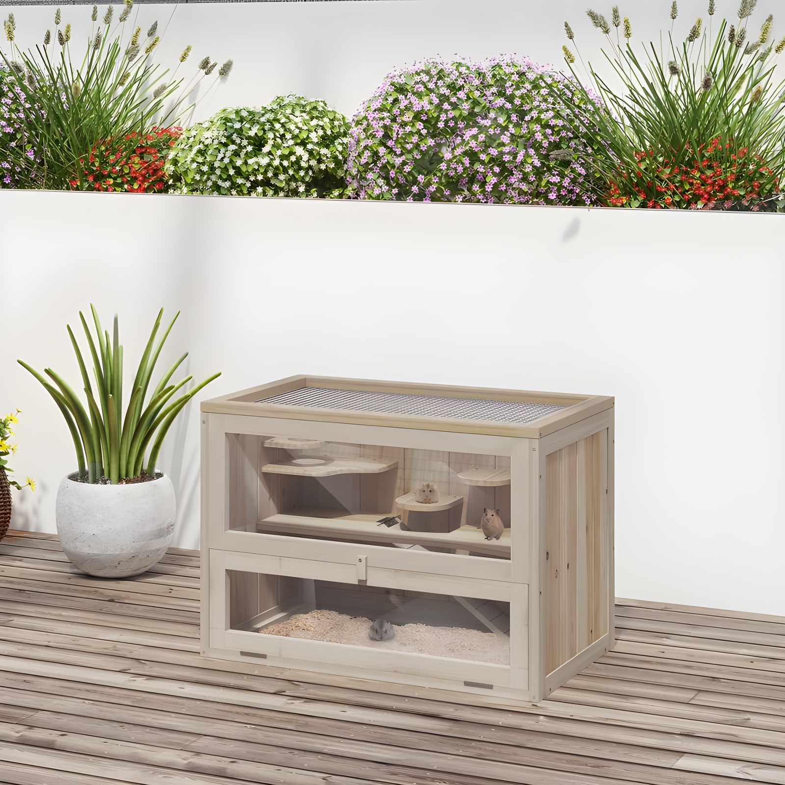 PawHut 2-Level Hamster Cage Mice and Rat House, Small Animal Habitat for Guinea Pigs, Chinchillas with Openable Top, Front Door, Natural