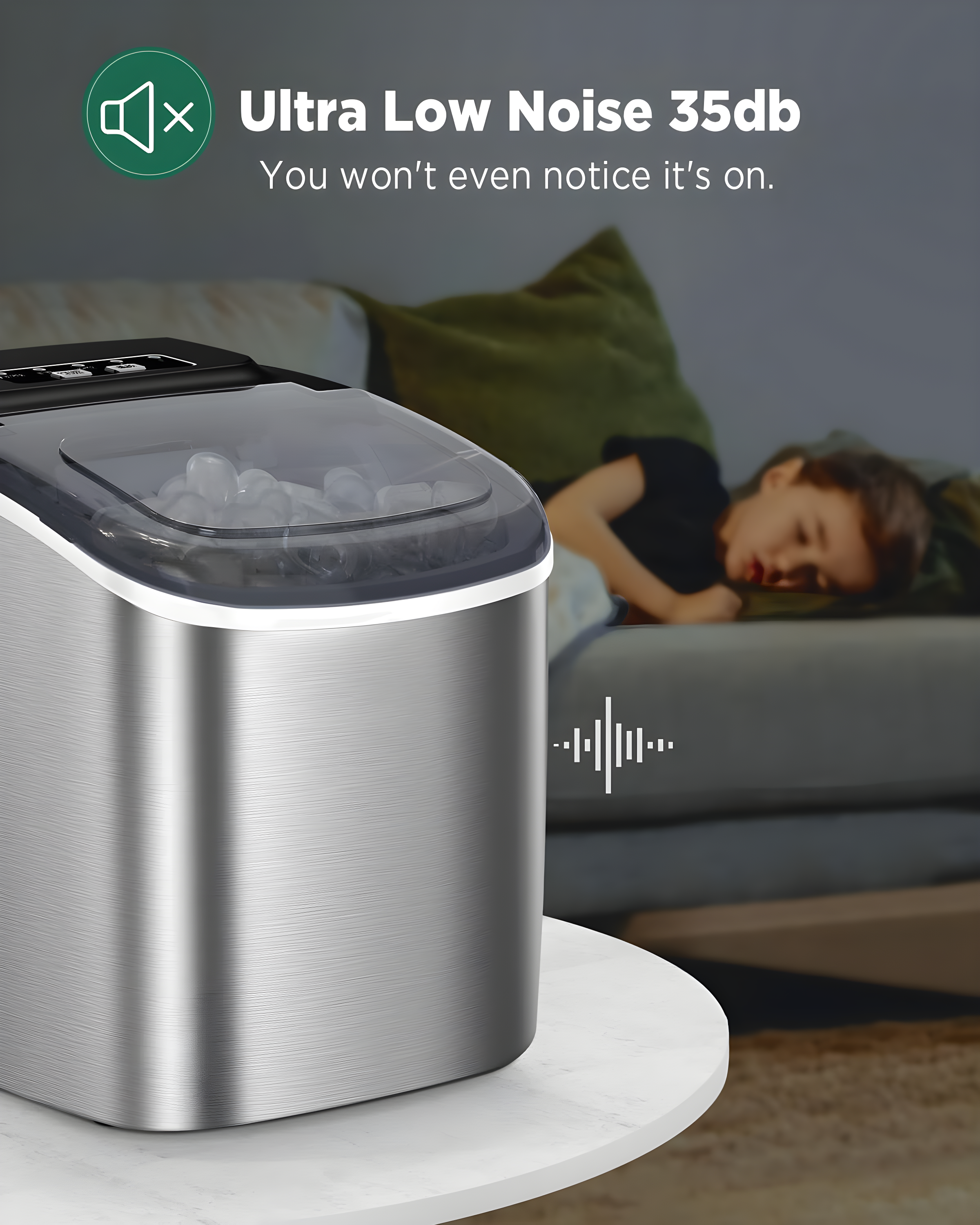 Silonn Stainless Steel Countertop Ice Maker - 9 Cubes in 6 Mins, 26lbs/24Hrs, Self-Cleaning, Includes Scoop & Basket, 2 Bullet Ice Sizes