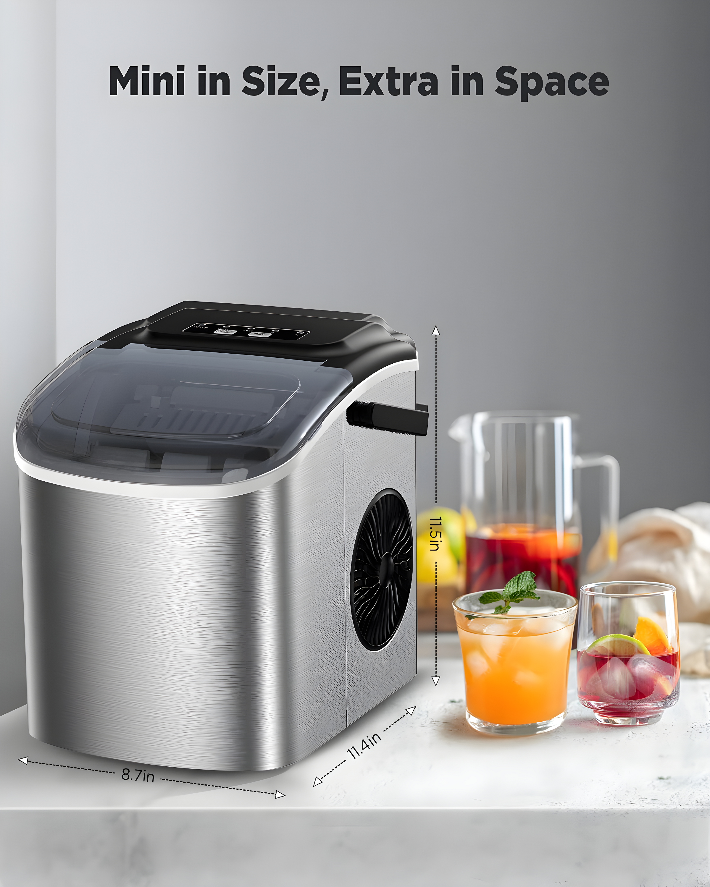 Silonn Stainless Steel Countertop Ice Maker - 9 Cubes in 6 Mins, 26lbs/24Hrs, Self-Cleaning, Includes Scoop & Basket, 2 Bullet Ice Sizes