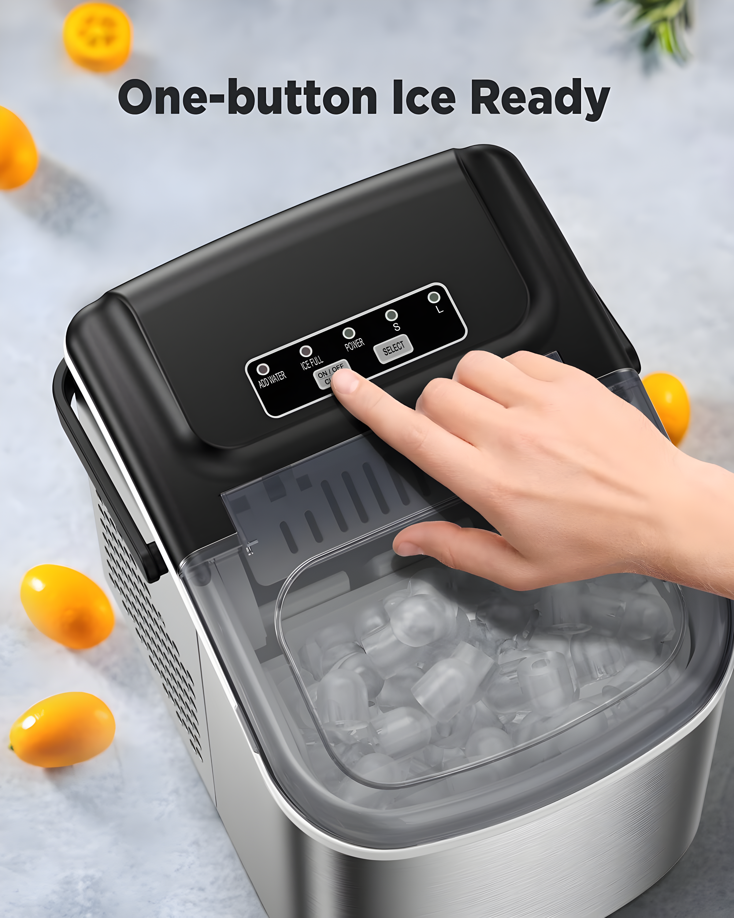 Silonn Stainless Steel Countertop Ice Maker - 9 Cubes in 6 Mins, 26lbs/24Hrs, Self-Cleaning, Includes Scoop & Basket, 2 Bullet Ice Sizes