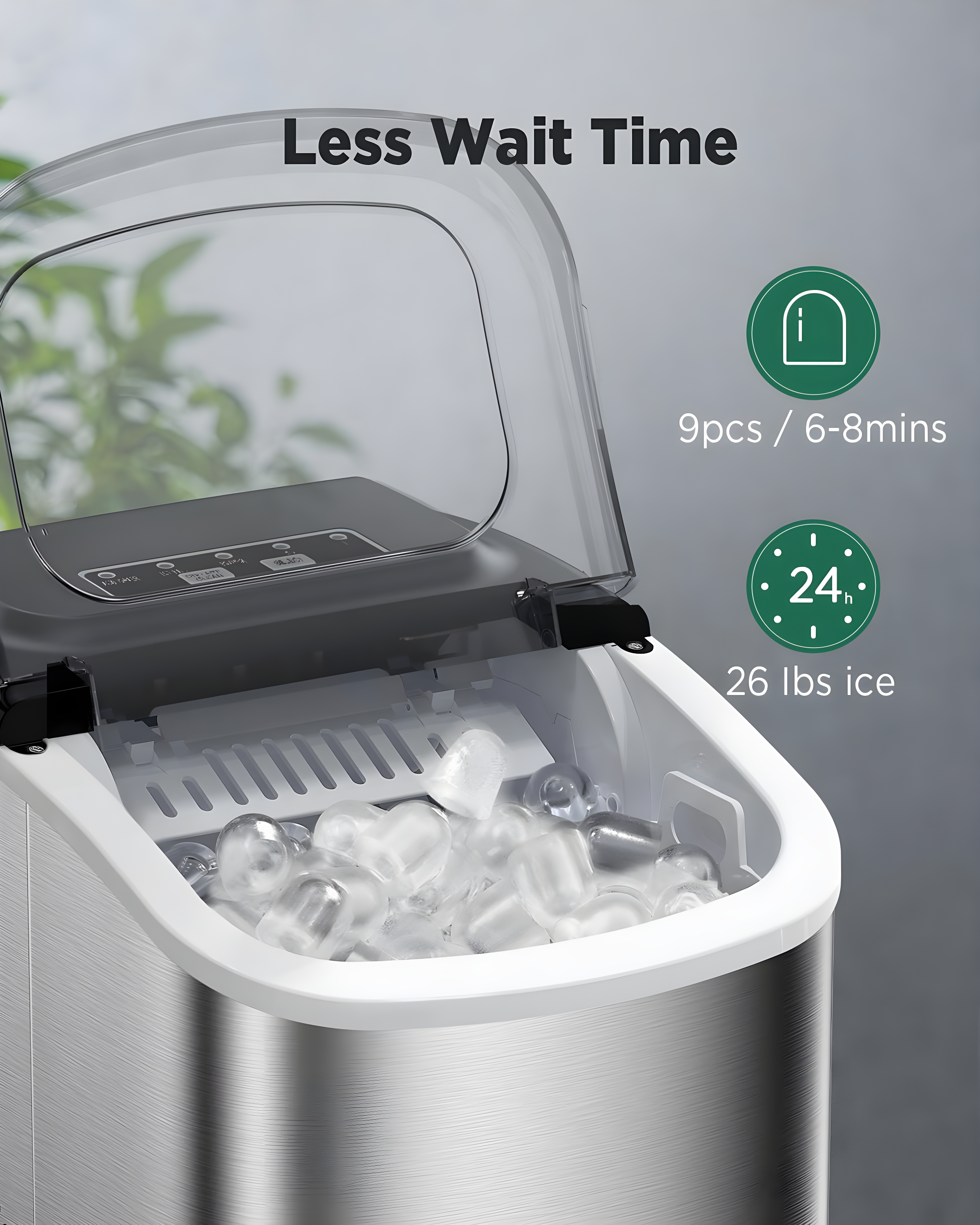 Silonn Stainless Steel Countertop Ice Maker - 9 Cubes in 6 Mins, 26lbs/24Hrs, Self-Cleaning, Includes Scoop & Basket, 2 Bullet Ice Sizes