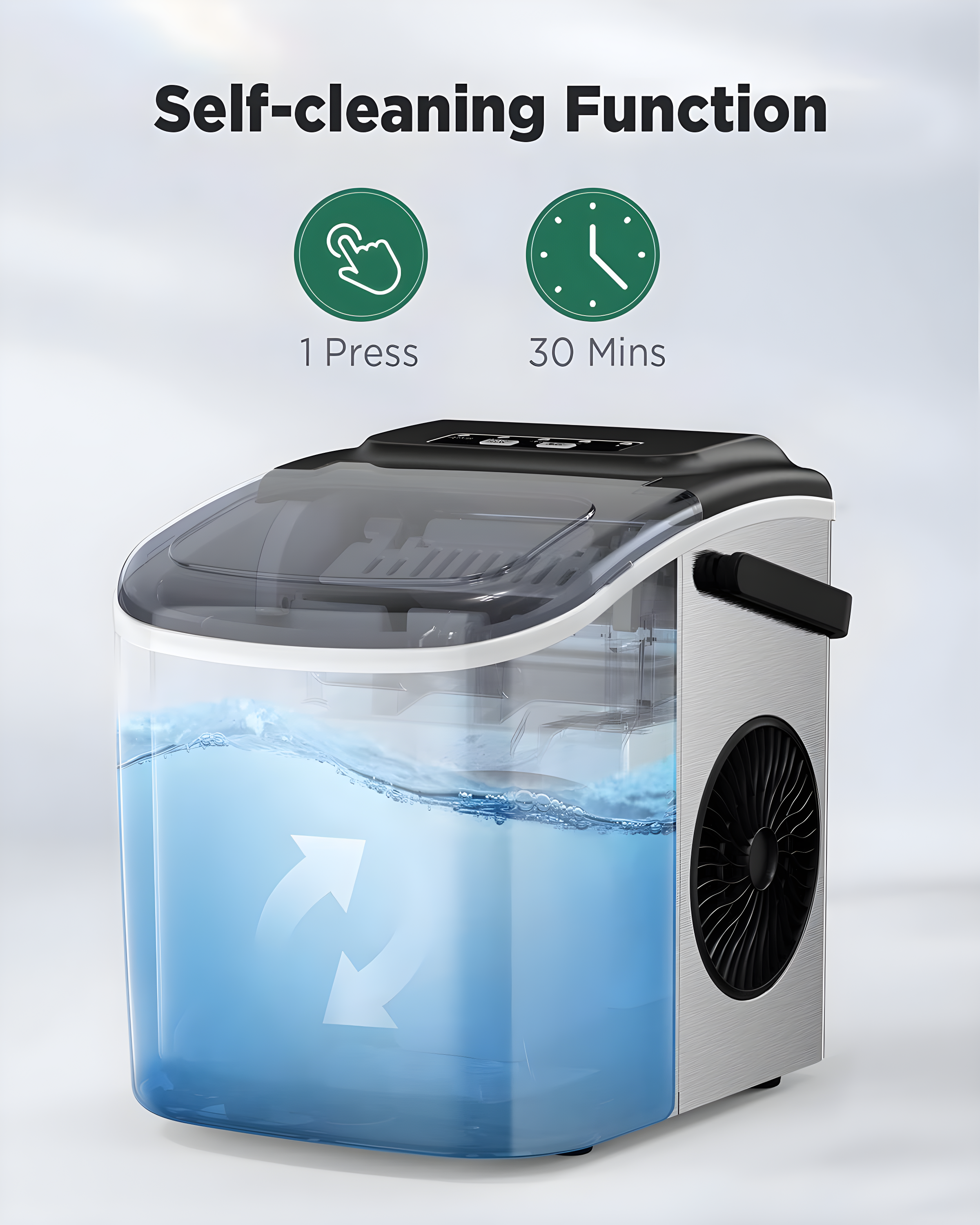 Silonn Stainless Steel Countertop Ice Maker - 9 Cubes in 6 Mins, 26lbs/24Hrs, Self-Cleaning, Includes Scoop & Basket, 2 Bullet Ice Sizes