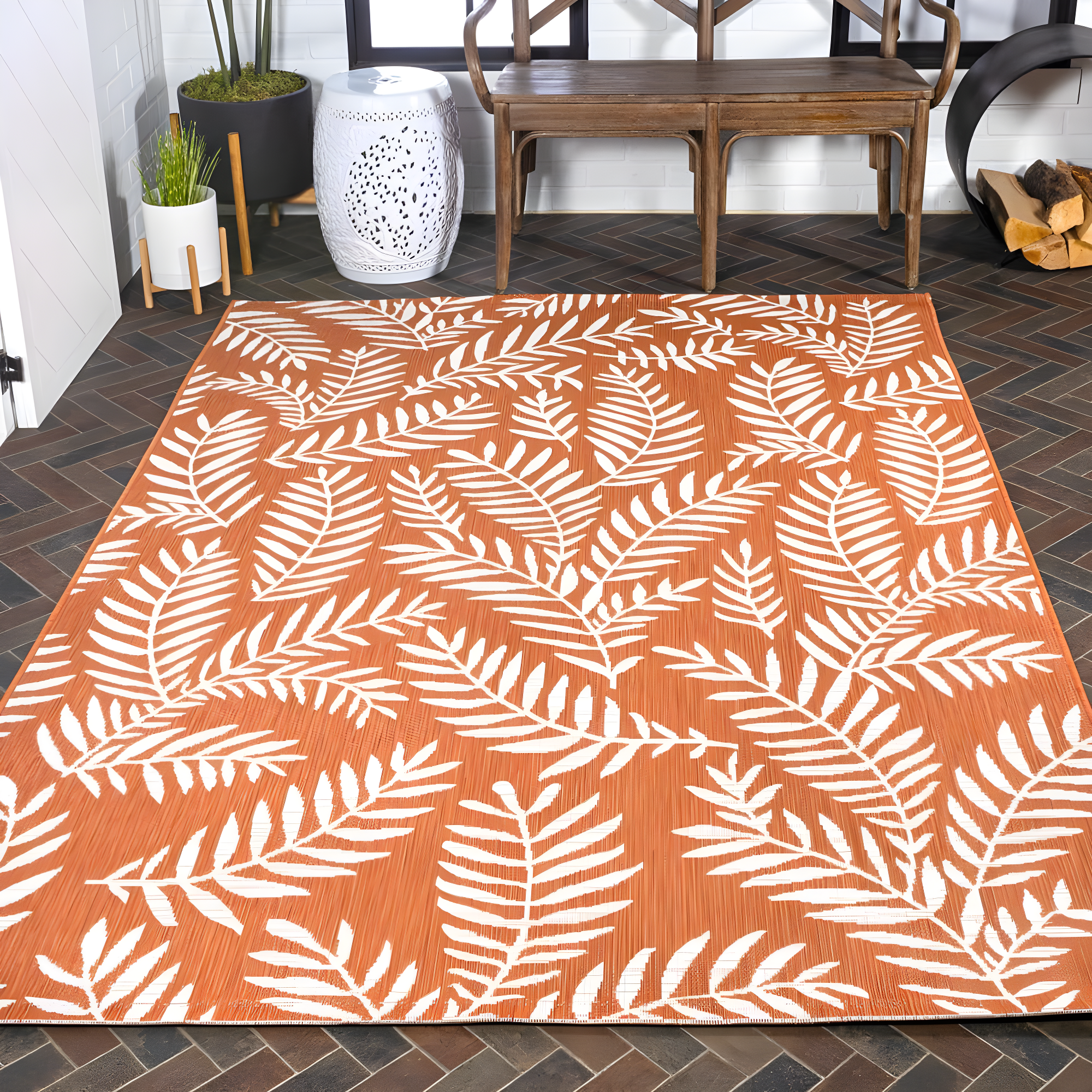 8' x 10' Nevis Palm Frond Indoor/Outdoor Area Rug, Orange/Cream - JONATHAN Y