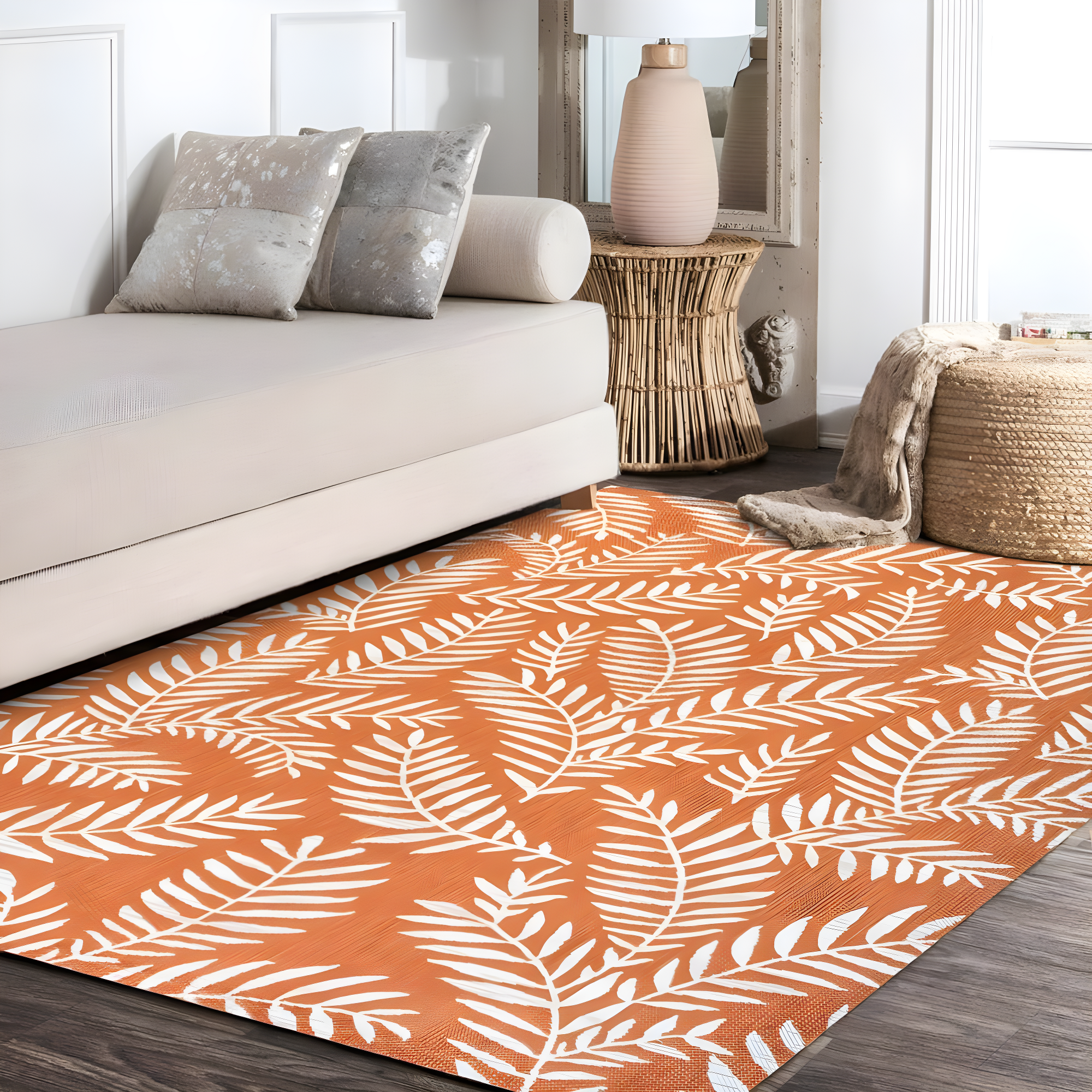 8' x 10' Nevis Palm Frond Indoor/Outdoor Area Rug, Orange/Cream - JONATHAN Y