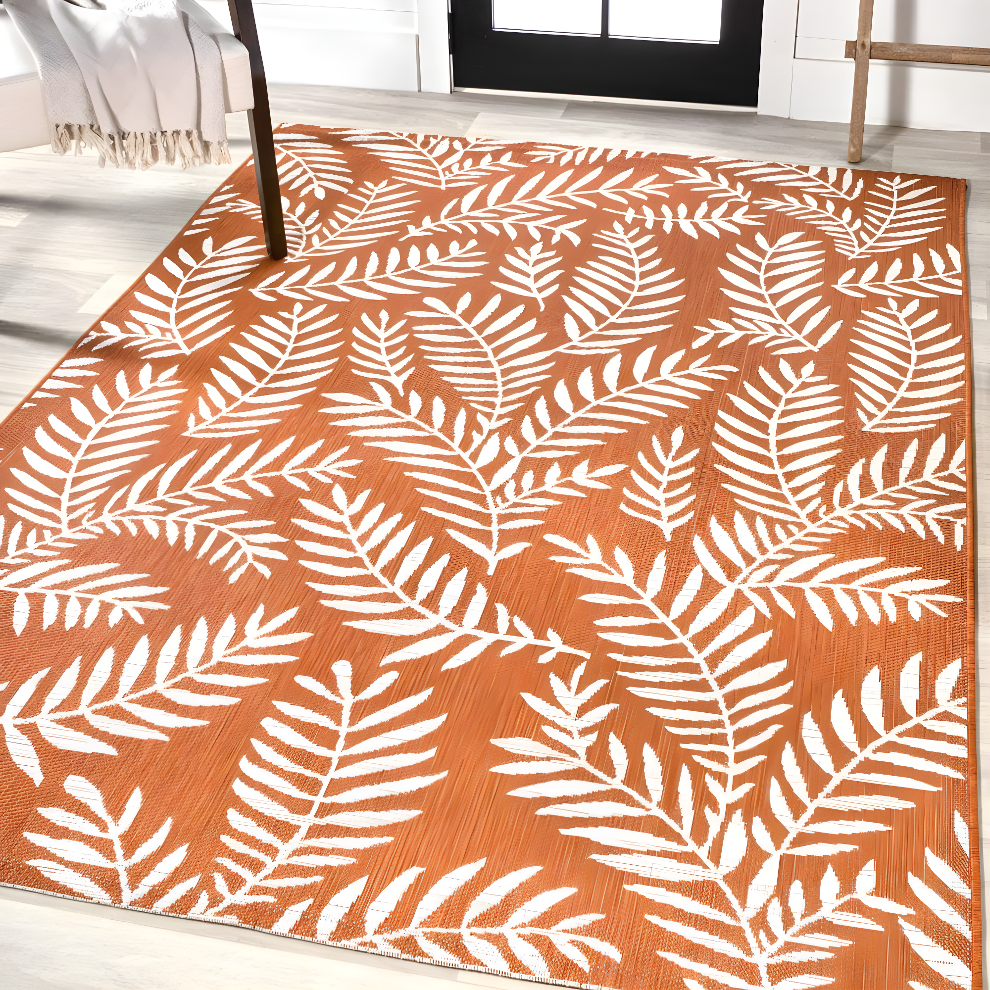 8' x 10' Nevis Palm Frond Indoor/Outdoor Area Rug, Orange/Cream - JONATHAN Y