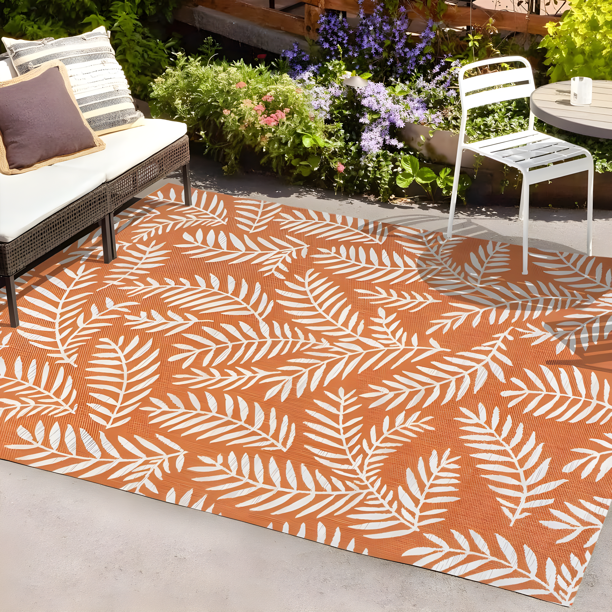 8' x 10' Nevis Palm Frond Indoor/Outdoor Area Rug, Orange/Cream - JONATHAN Y