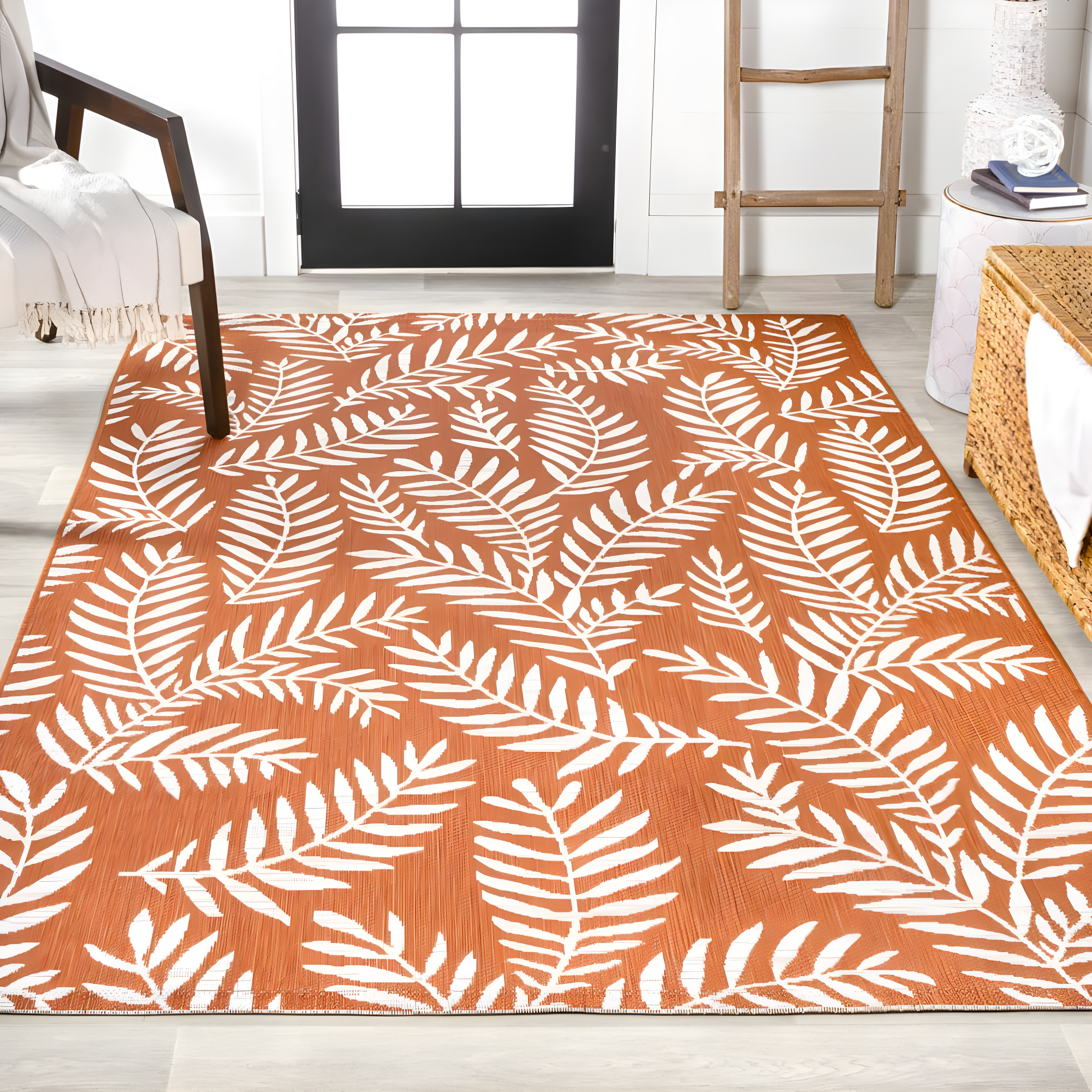 8' x 10' Nevis Palm Frond Indoor/Outdoor Area Rug, Orange/Cream - JONATHAN Y