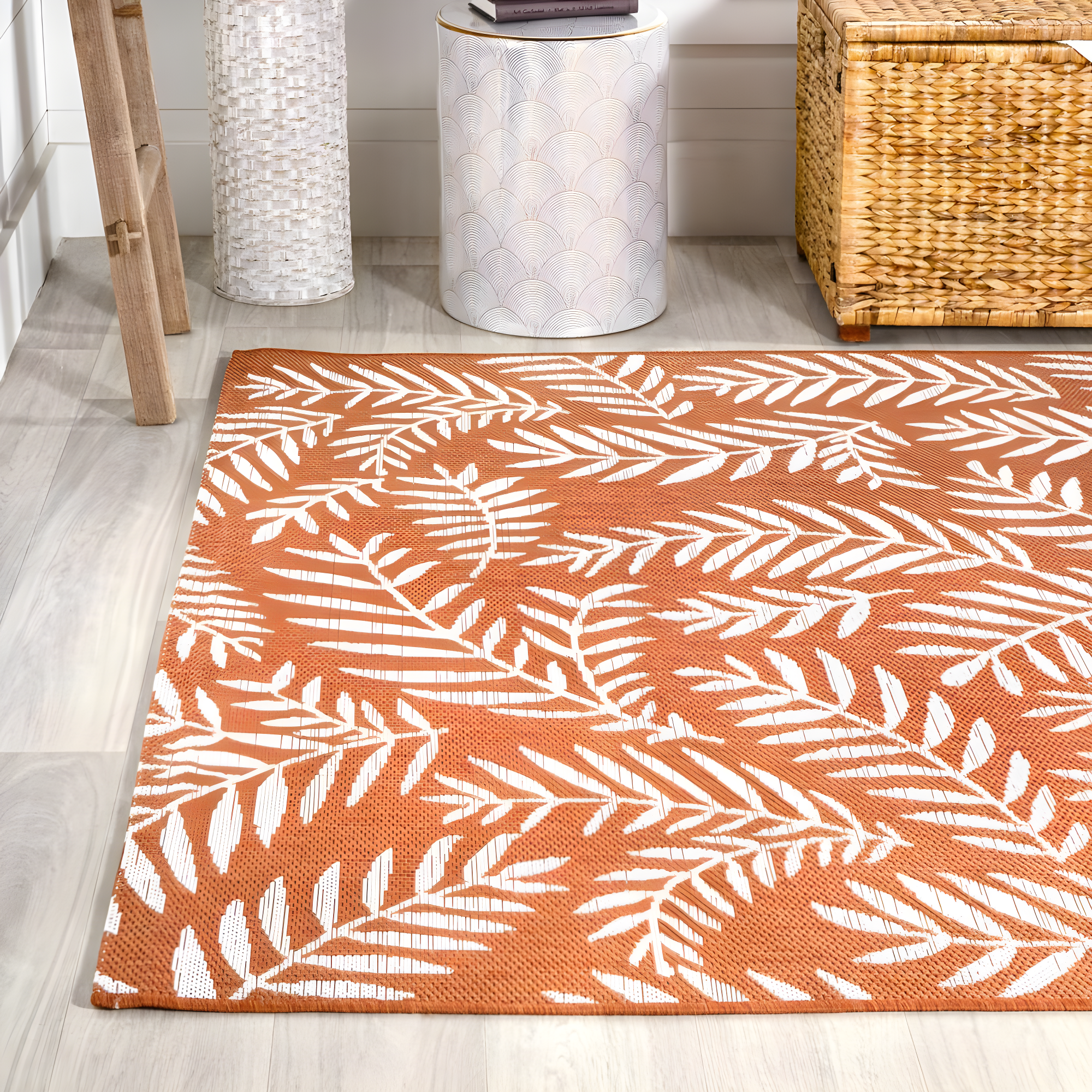 8' x 10' Nevis Palm Frond Indoor/Outdoor Area Rug, Orange/Cream - JONATHAN Y