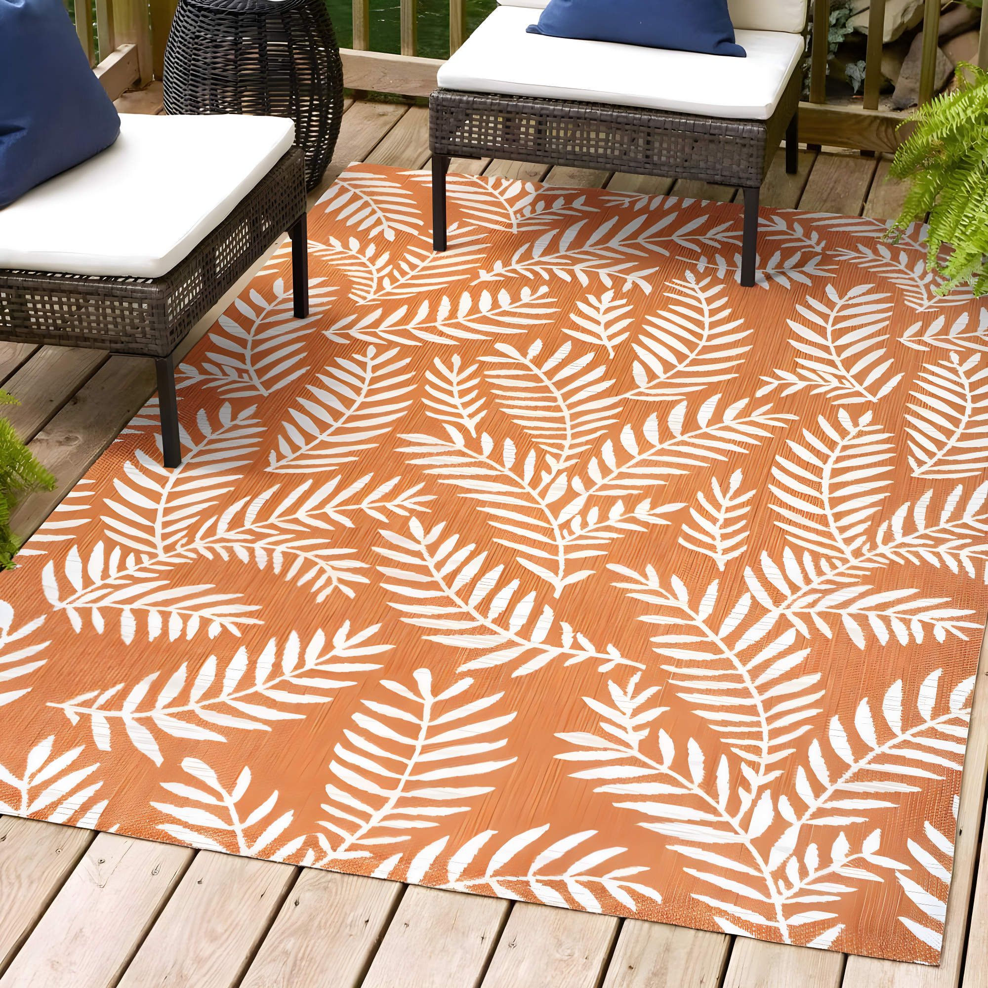 8' x 10' Nevis Palm Frond Indoor/Outdoor Area Rug, Orange/Cream - JONATHAN Y
