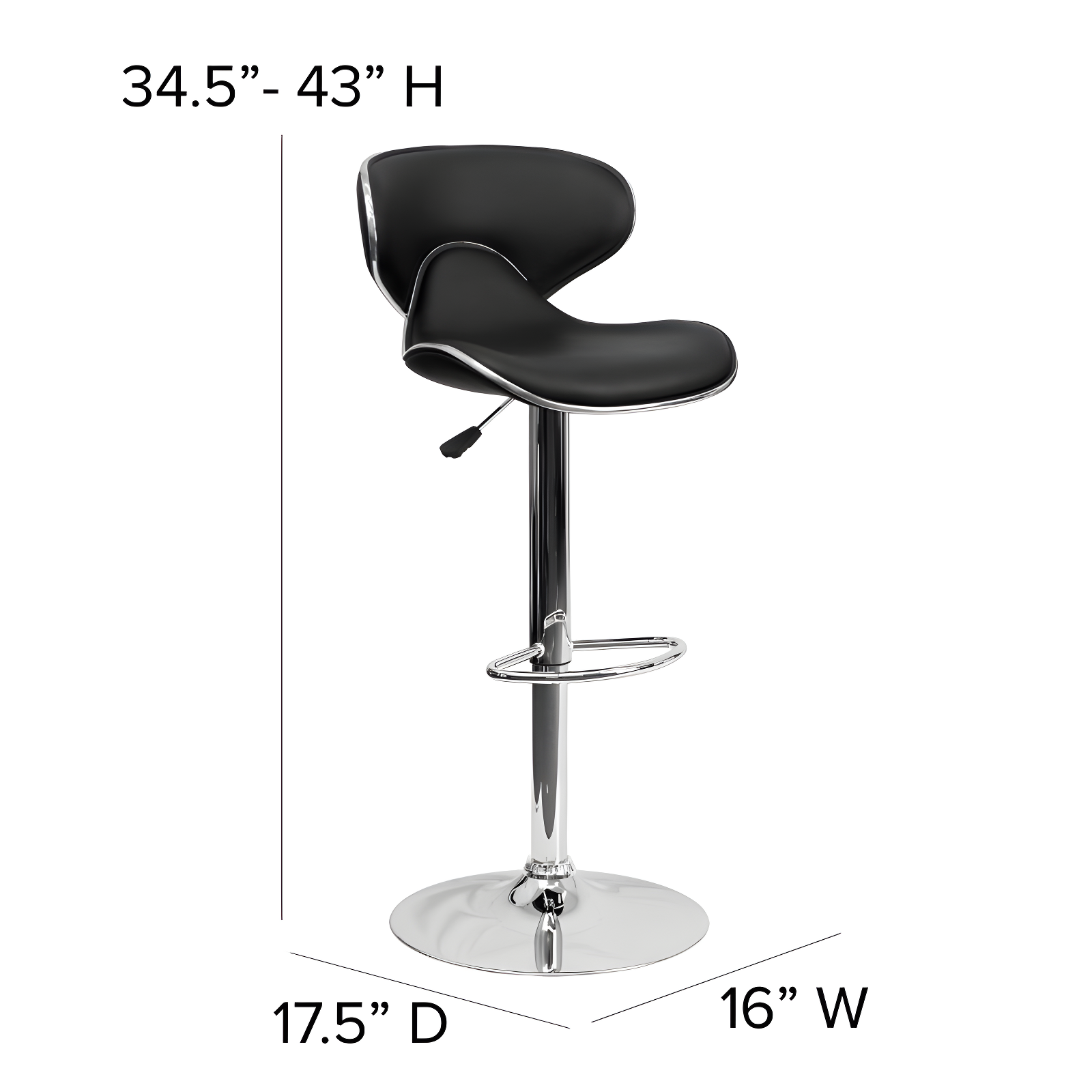 Flash Furniture Contemporary Cozy Mid-Back Black Vinyl Adjustable Height Barstool with Chrome Base