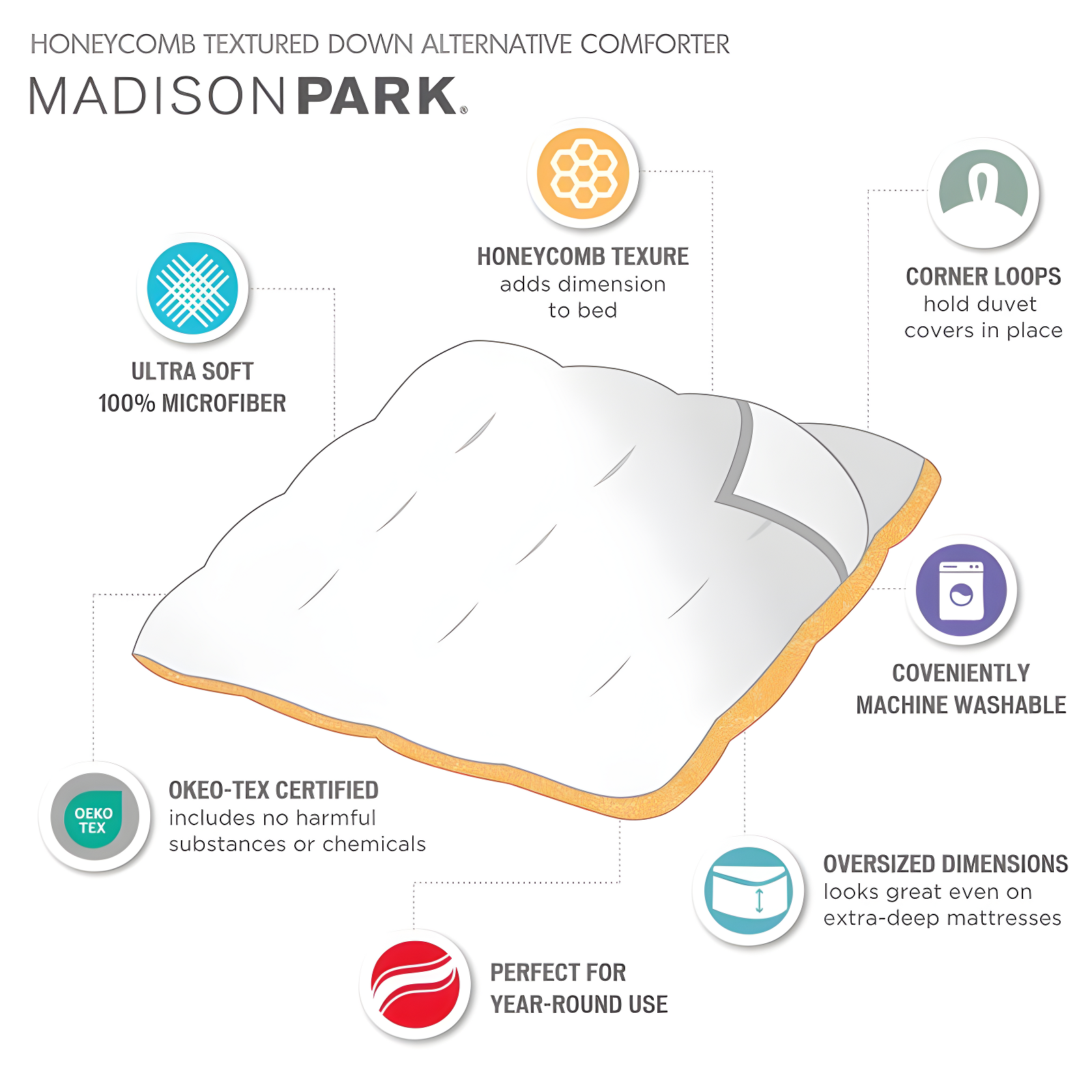 Full/Queen Honeycomb Textured Oversized Down Alternative Comforter White - Madison Park: Microfiber Bedding Insert